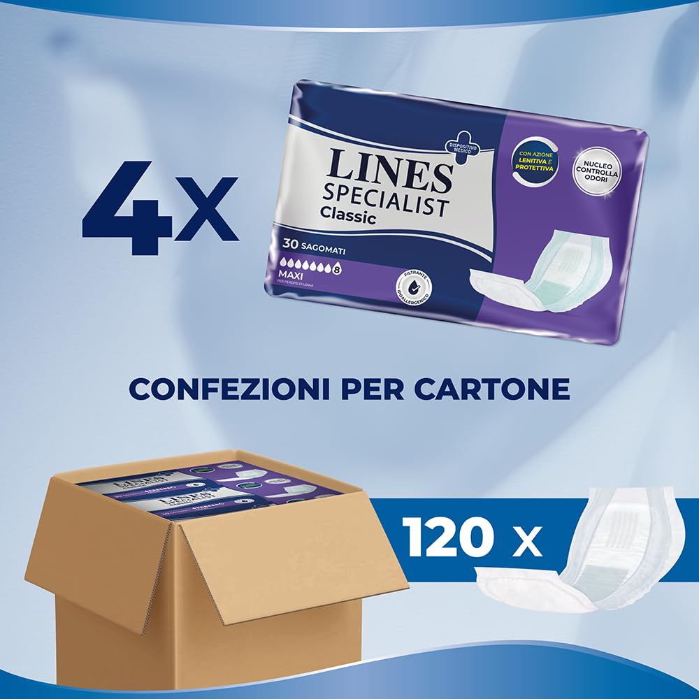 Lines Specialist Classic, Pannoloni Sagomati Assorbenti per Incontinenza Donna e Uomo, elevata Assorbenza, 4 Confezioni da 30 Unità