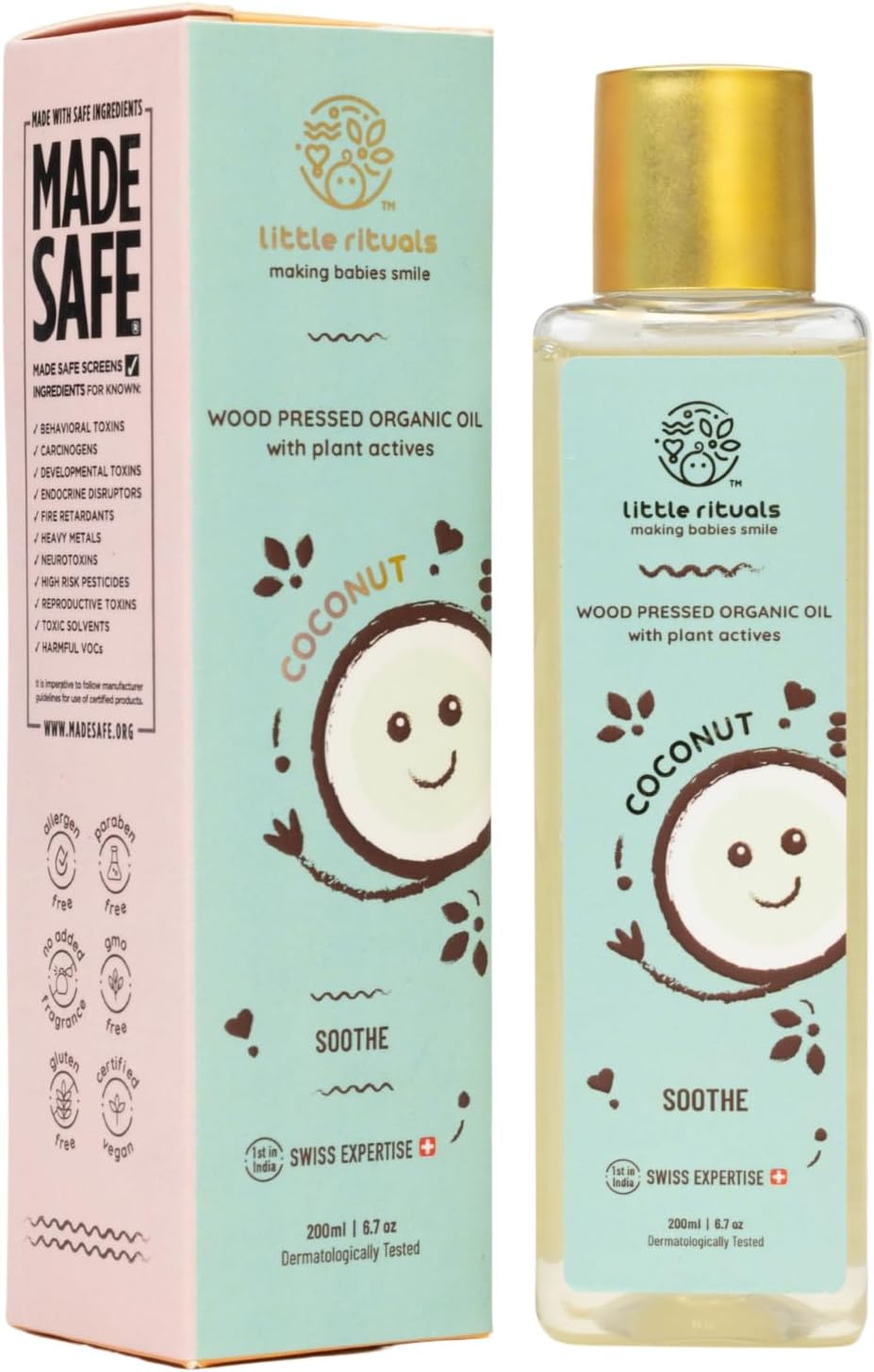 COCONUT BABY MASSAGE OIL Certified Organic, Wood Cold-Pressed for Skin and Hair with SWISS Plant Actives - 200 ml. Dermatologist Tested by Pediatrics, Mild & Gentle & Safe