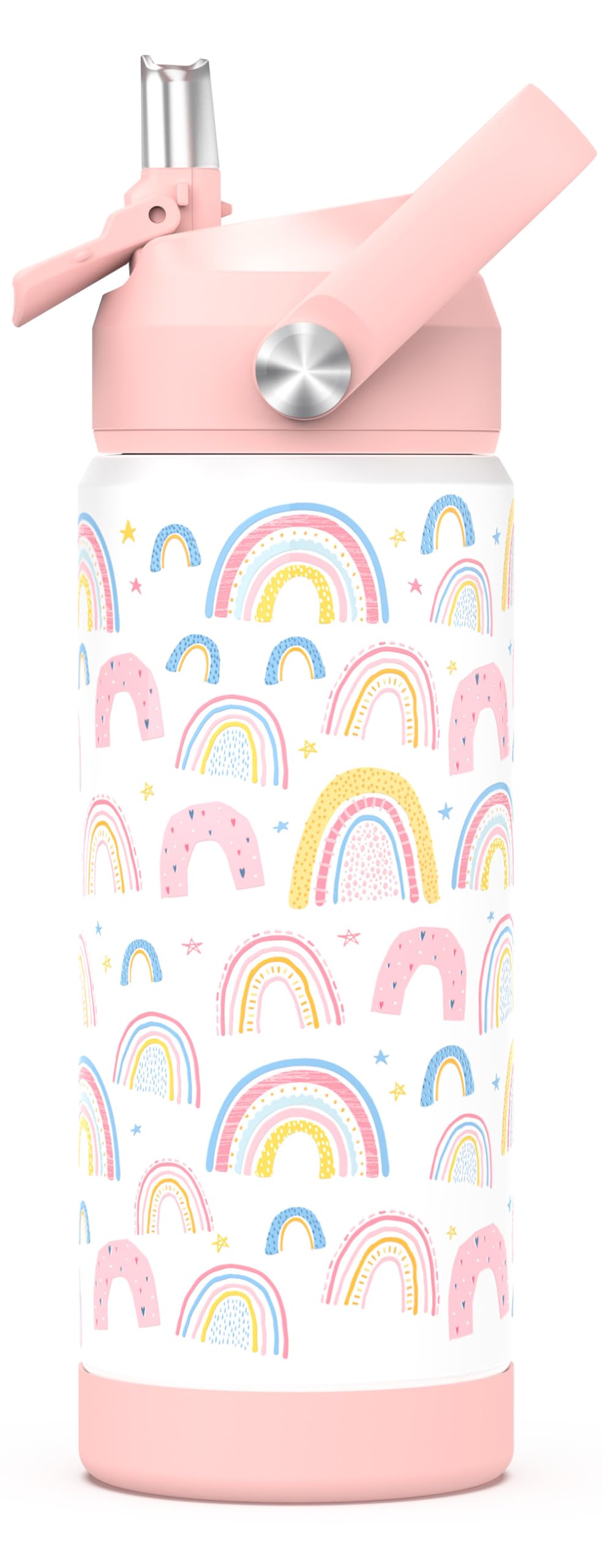 ntskood Boys Rainbow Pink Water Bottle for School，Kids 18 oz Insulated Stainless Steel Cup with Straw, Double-Wall Vacuum Leakproof