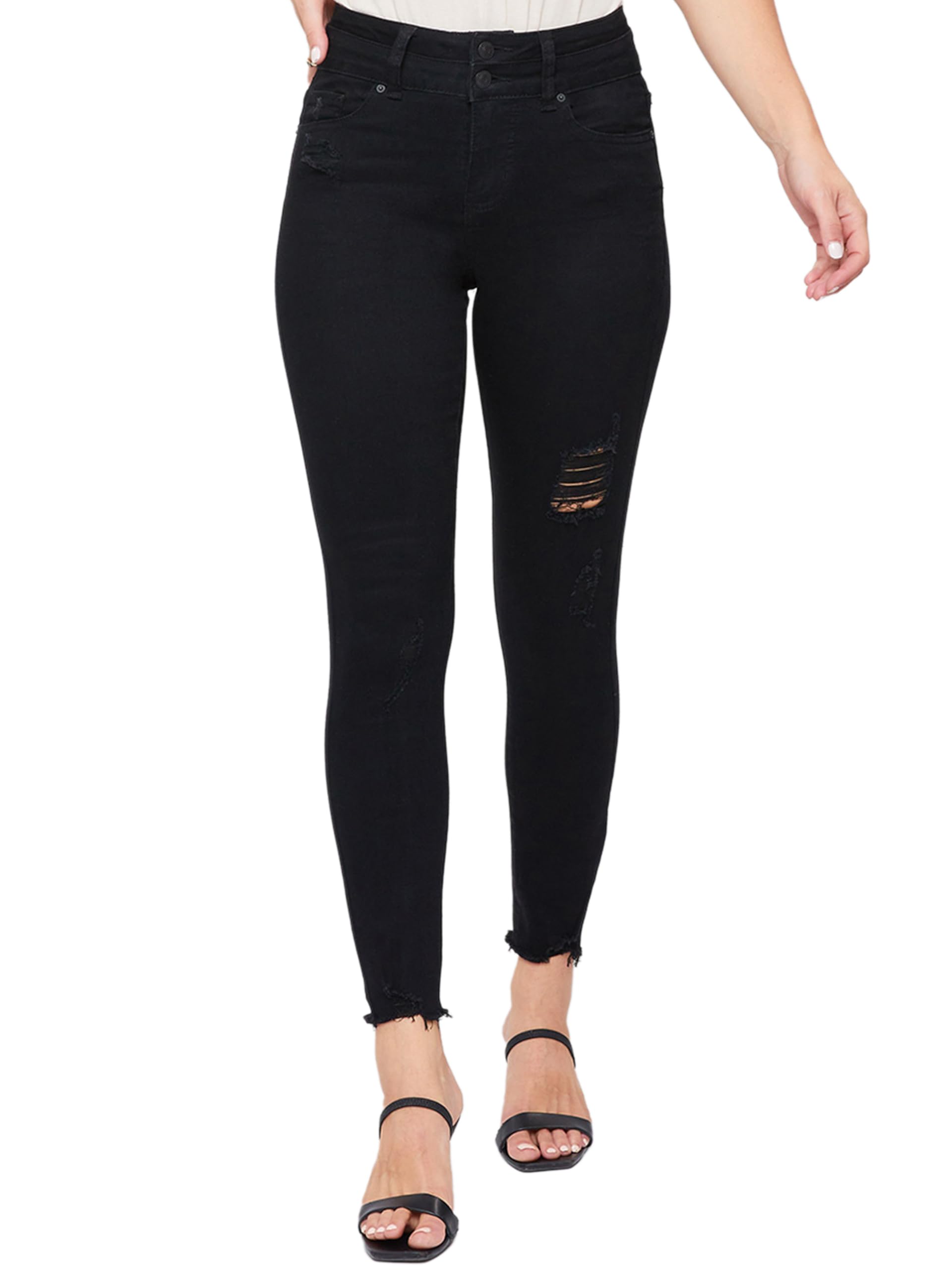 Royalty For Me Wannabettabutt 2-Button Fray Hem Ankle Jean, Black Rips, 08