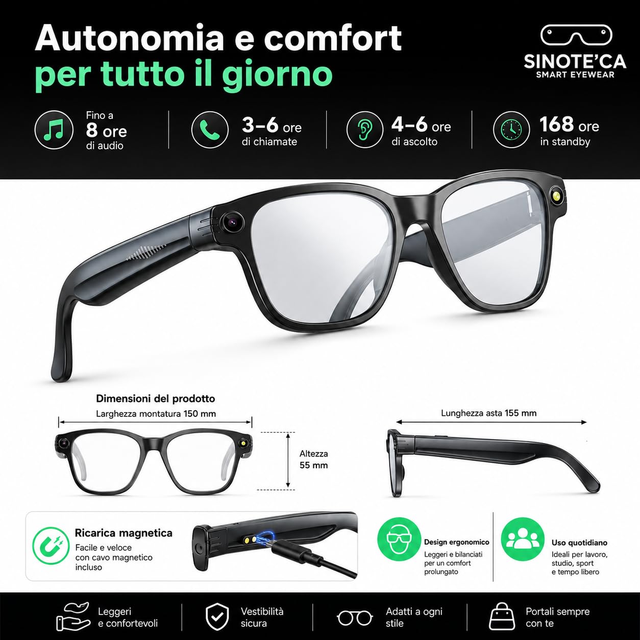 SINOTE'CA AI Smart Glasses, Occhiali Intelligenti Bluetooth con Telecamera 8MP, Lenti Fotocromatiche, Audio Open-Ear e Traduzione in Tempo Reale, per Sport e Vita Quotidiana
