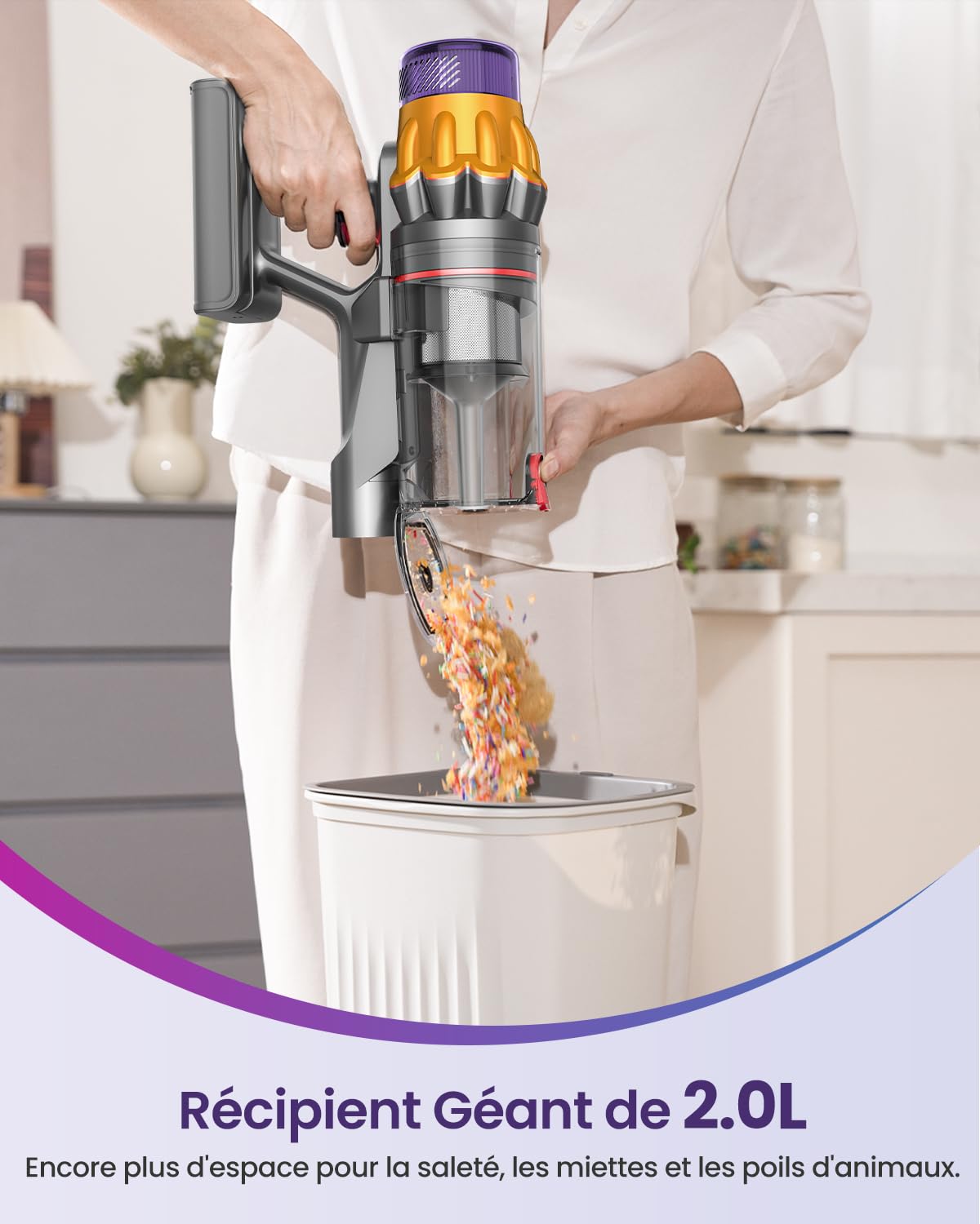 Aspirateur Balai Sans Fil avec 2 Batteries, 150Min/55KPA/600W/2.0L Aspirateur Sans Fil Puissant, Brosse Anti-Enchevêtrement/Support Mural Rechargeable/Écran LED, pour Poils d'Animaux/Tapis/Sols Durs