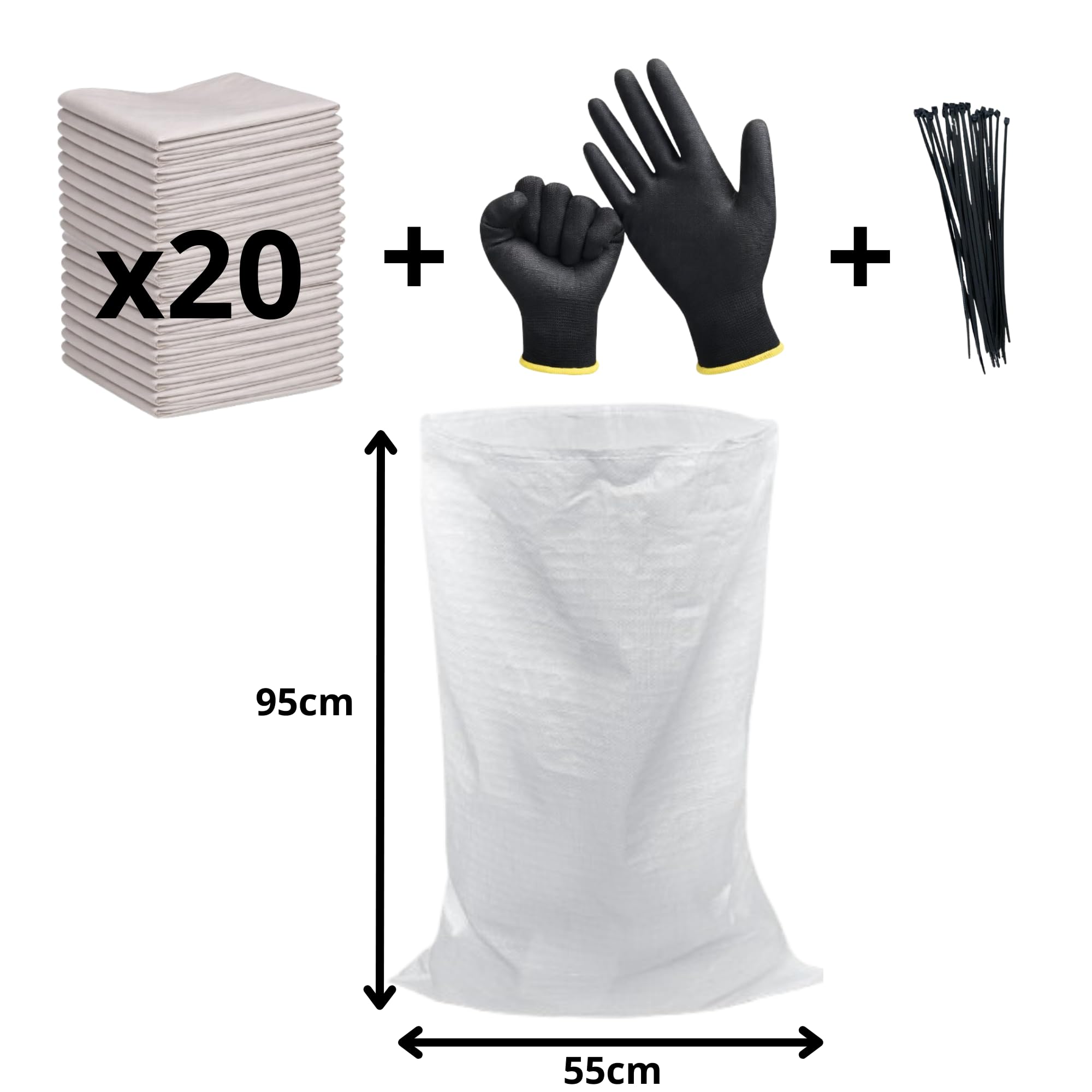 KRUKMAK – Lot de 20 Sacs de Chantier Renforcés Gravat 95x55 cm (Jusqu’à 55 kg) – Usage Professionnel BTP – Polypropylène Tissé Haute Résistance + 20 Colliers de Serrage & Gants – TVA Récupérable - 3