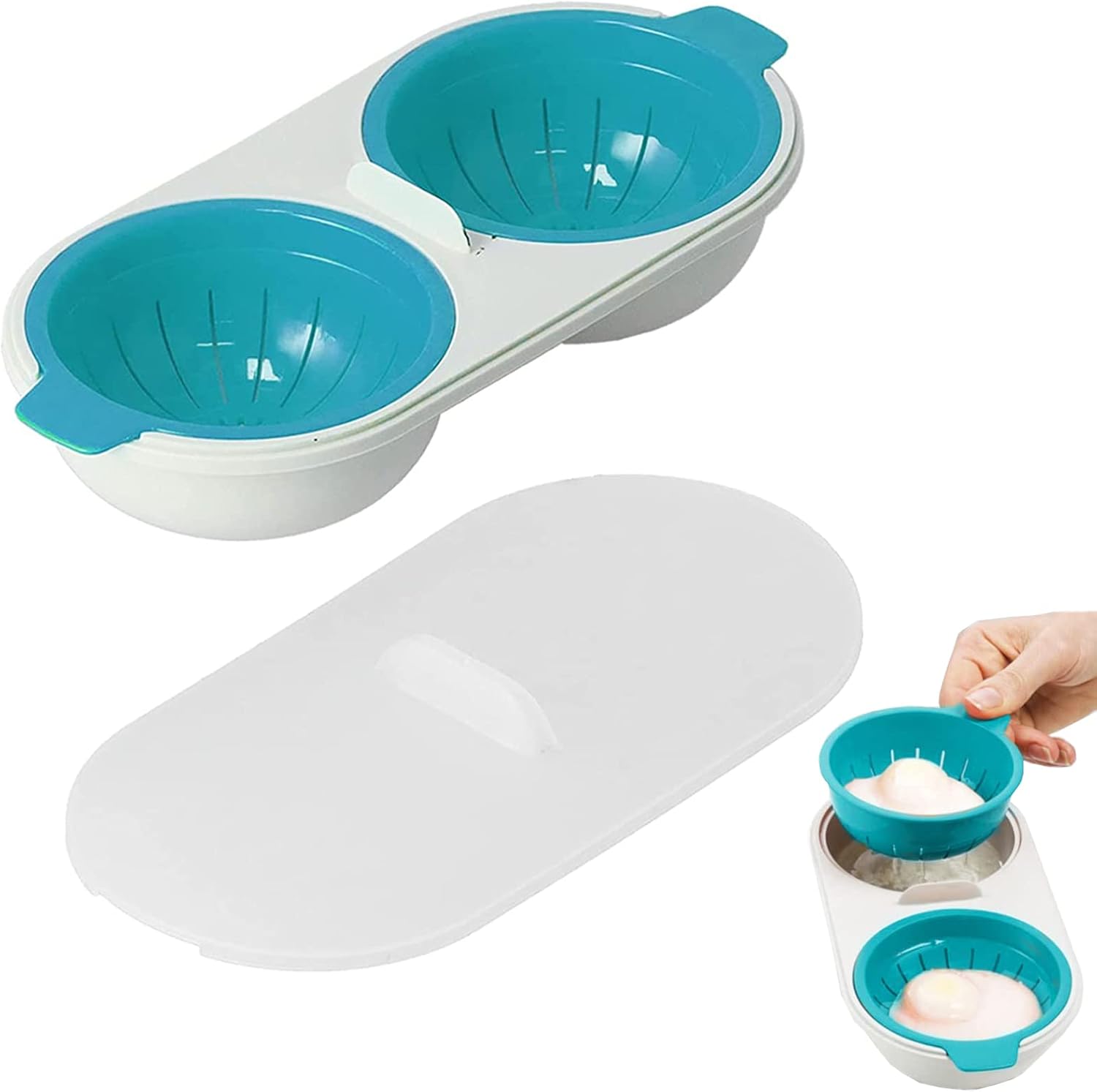 Draining Egg Boiler, Microwave Egg Poacher 2 Cups Design NonStick Lids