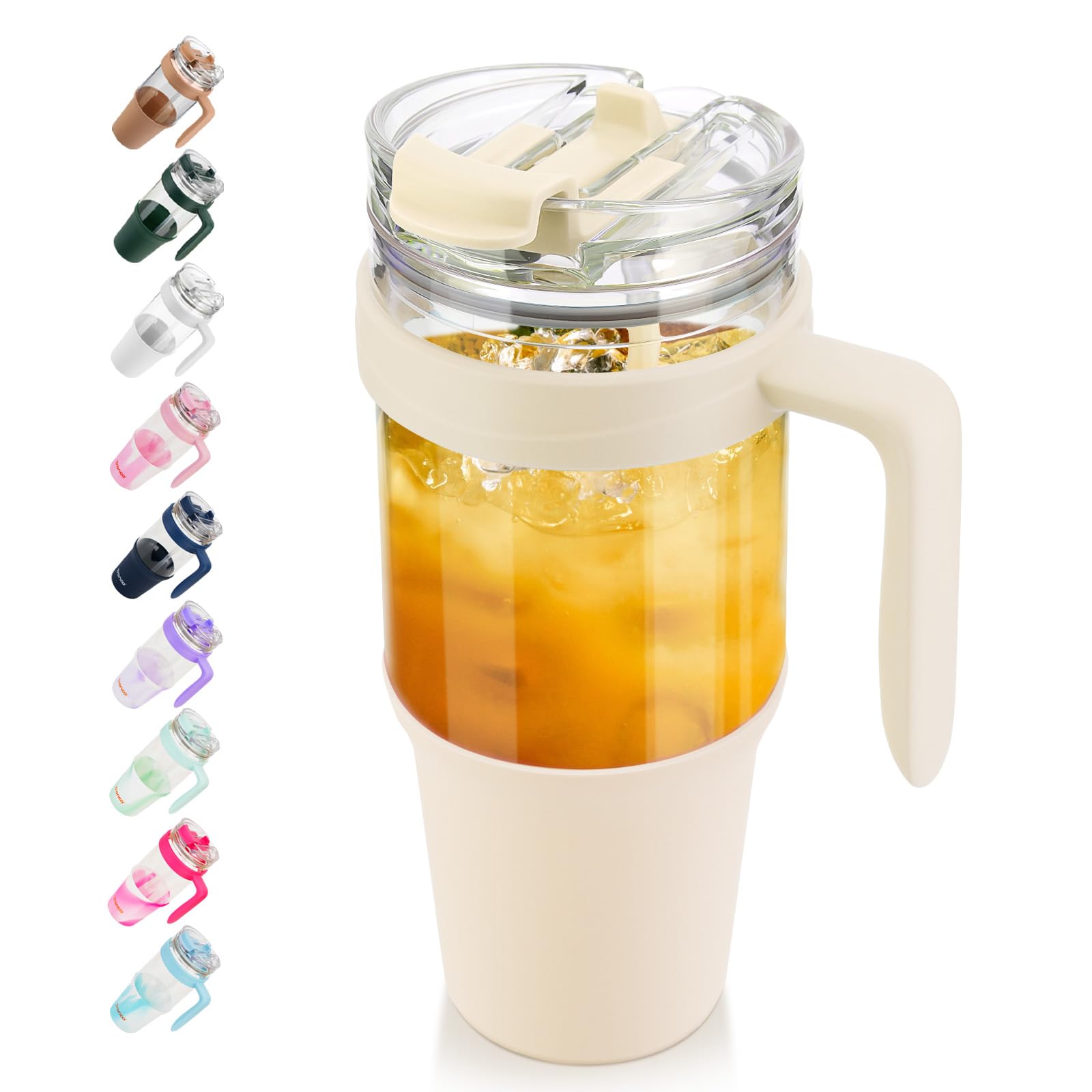 Tronco 40 oz Glass Tumbler with Straw and Lid, Leak-proof Flip Straw, Reusable Iced Coffee Cup with Handle, Glass Water Bottles Fits in Cup Holder,