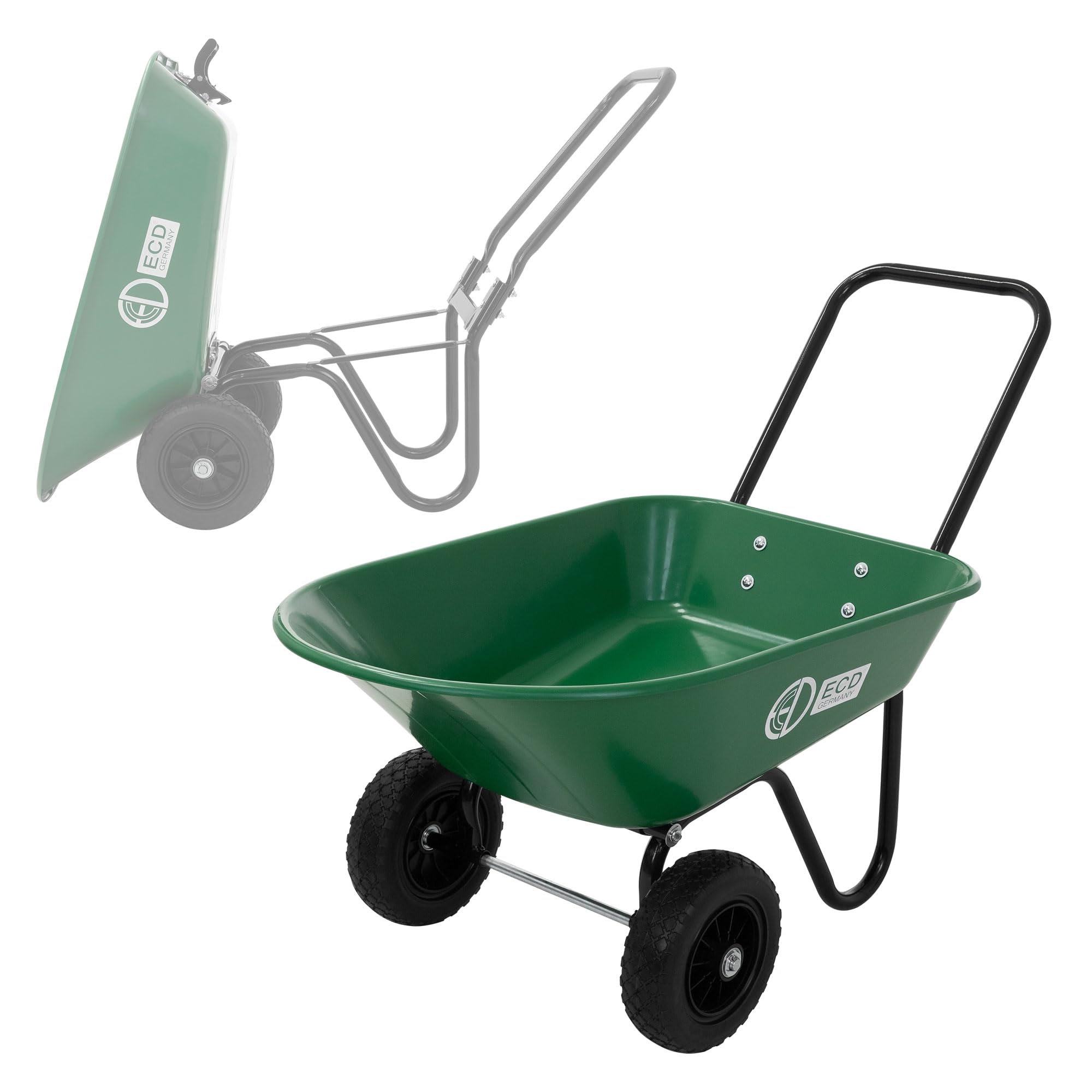 ECD Germany Carretilla de Jardín con Función Basculante de 78 L Carro de Mano para Obras con 2 Ruedas de PU y Cubeta de PP Herrameinta de Empuje Estructura de Acero con Capacidad de Carga de 100 kg