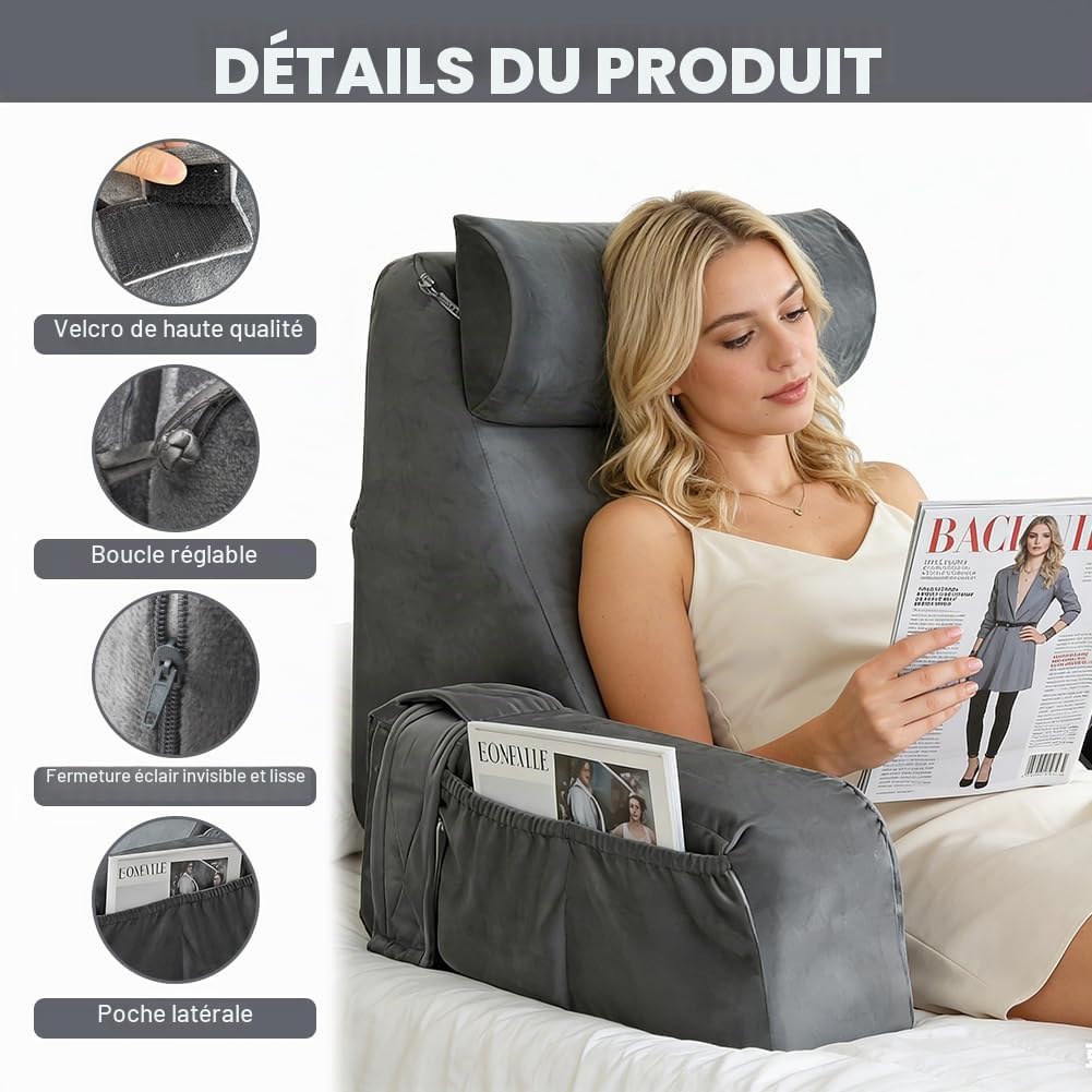 Coussin de lecture pour lit et canapé, coussin de dossier, lit pour adulte, avec accoudoirs amovibles et coussin de tête, coussin de soutien dorsal avec housse lavable pour lire, regarder la