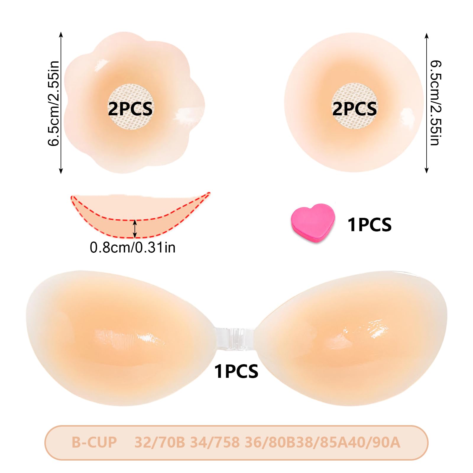 Samoprzylepny biustonosz push-up, bez ramiączek, bez pleców, silikonowe podkładki samoprzylepne, niewidoczne, wielokrotnego użytku, samoprzylepne, z 2 parami podkładek na sutki, na imprezę