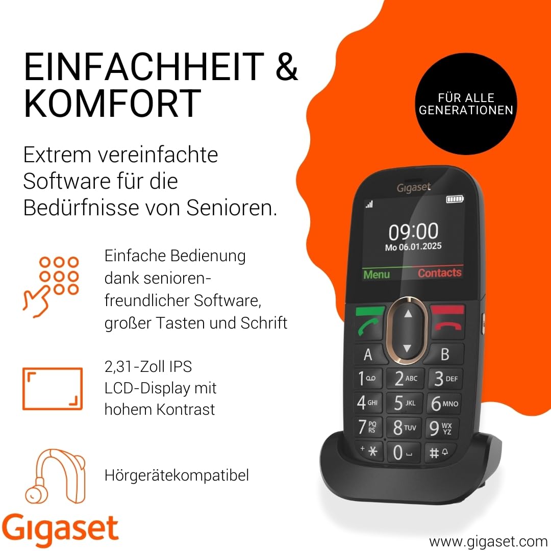Gigaset GL695 Senioren-Handy, 4G Volte, 2,31-Zoll-IPS-Display, Schwarz