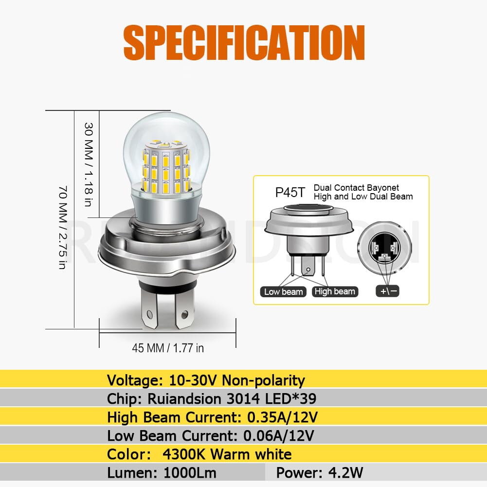 Ruiandsion Ampoule LED P45T H5 R2, 4300K Blanc Chaud 39SMD 3014 1000LM, Non Polaire Feu Route & Croisement 2 en 1, 10-30V Phare Moto VTT Scooter, Lot de 2