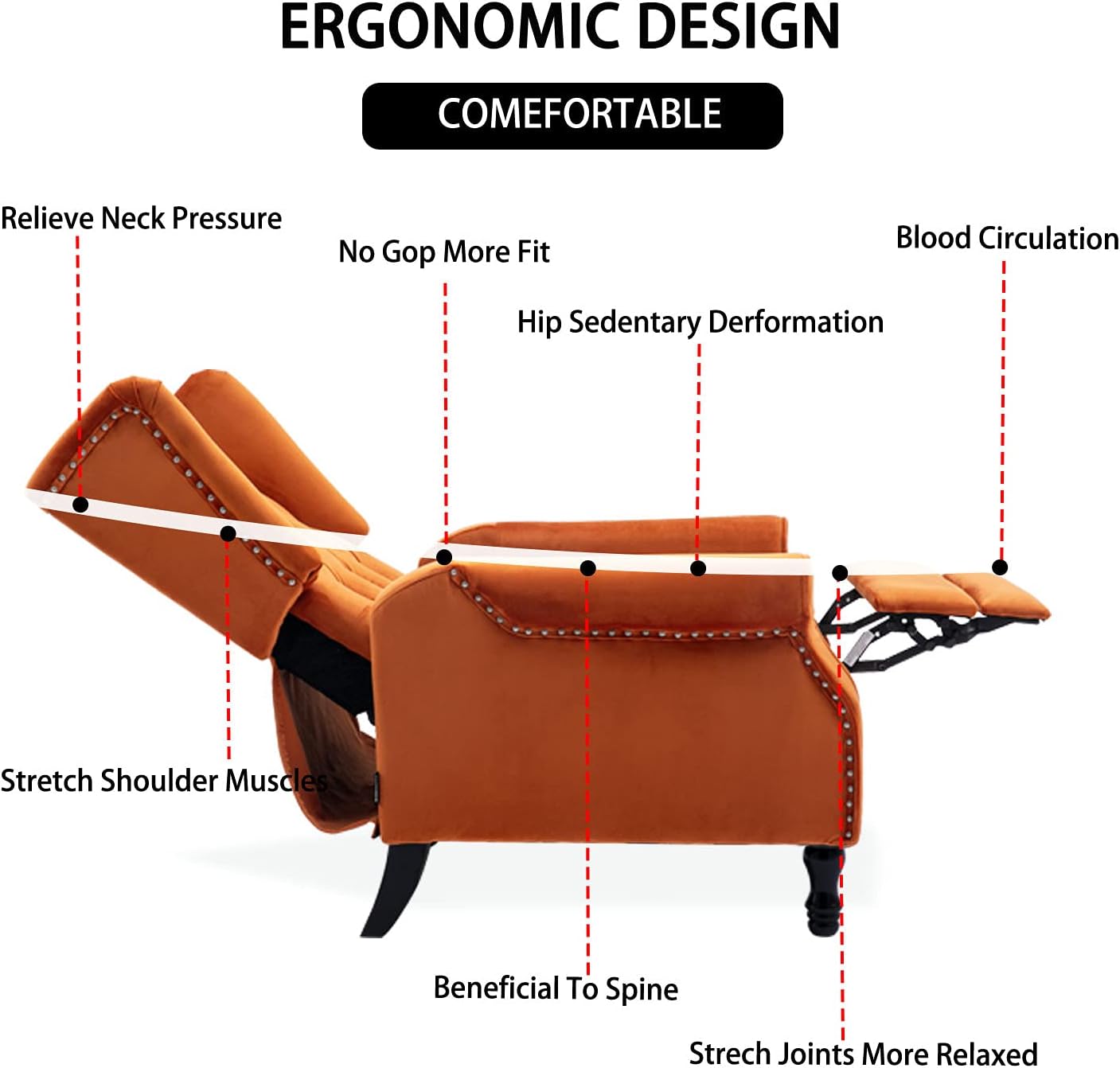 Velvet Accent Chair, Push Back Recliner Chair, Wingback Arm Chair for Living Room/Bedroom/Home Theater/Reception Area, Caramel