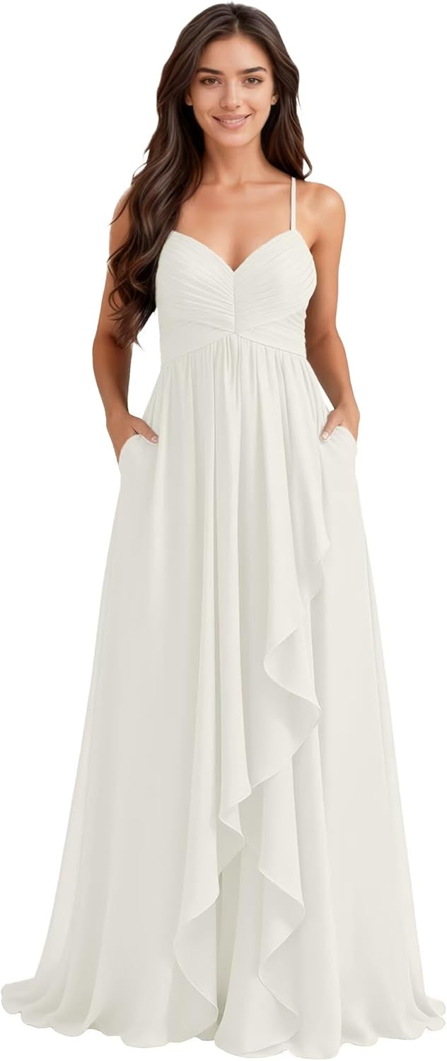 Women's Chiffon Bridesmaid Dresses Sleeveless Wedding Party Gowns with Straps Prom Evening Dresses High Low