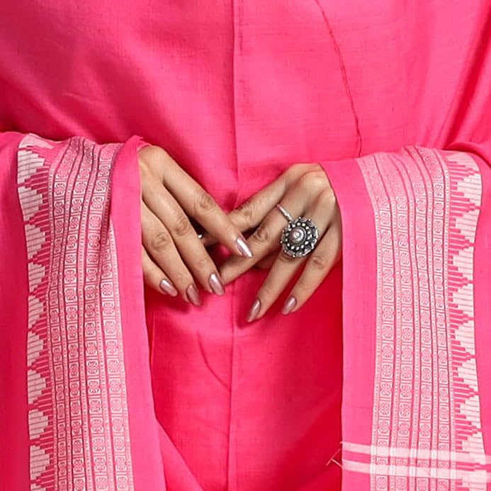 Image of Cotton Dupatta with weaving and Ikat woven border from the Weavers Stole for Girls & Women