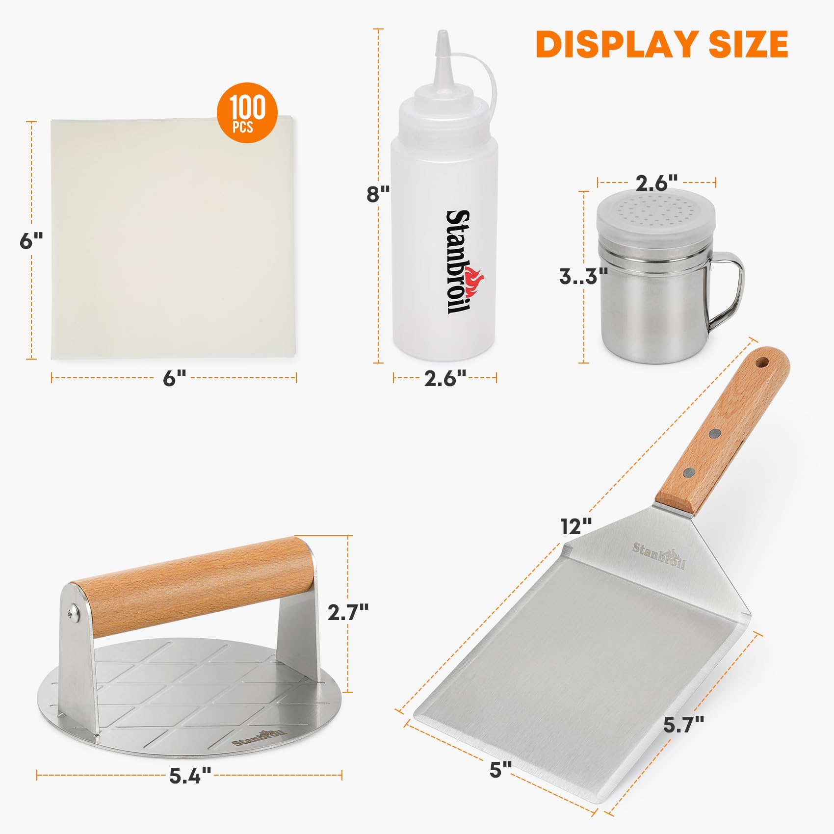 Stanbroil 5 Piece Smash Burger Press Kit for Flat Top Grill - Stainless Steel Grill Spatula and Burger Smasher, Spice Shaker, Squeeze Bottles and Patty Paper for BBQ Griddle Cooking