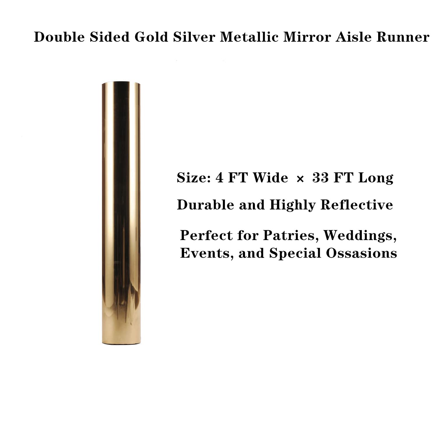 Reflective Mirrored Carpet Roll for Wedding, Double Sided Gold Silver Metallic Mirror Aisle Runner for Church Wedding, Party, Prom, Engagement Decorations (4 × 33 ft)