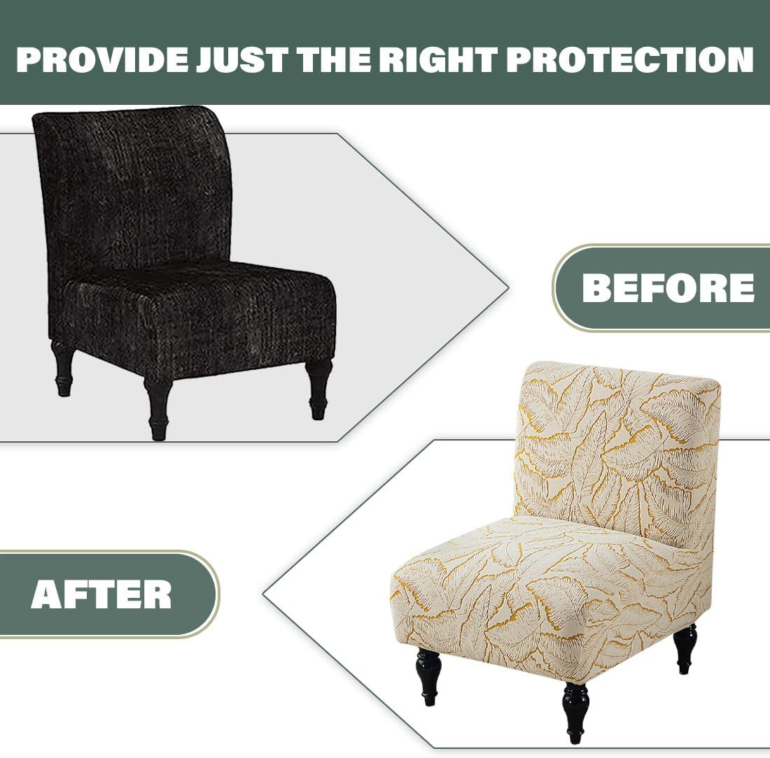 2 Pack Armless Accent Chair Cover Waterproof Stretch Slipper Chair Slipcover Without Arms Jacquard Armless Chair Furniture Protector Covers for Living Room Hotel Gold