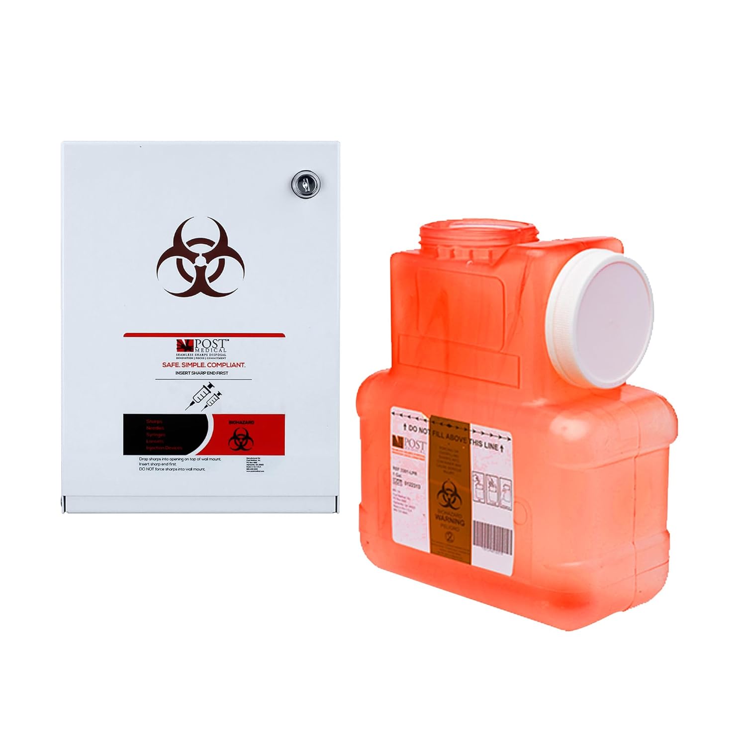 1-Gallon Sharps Container with Conseal!® Powder-Coated White Wall-Mounted Cabinet, 6 Biohazard Containers with Tamper-Evident Screw Caps, US-Made, OSHA-Compliant for Medical Environments