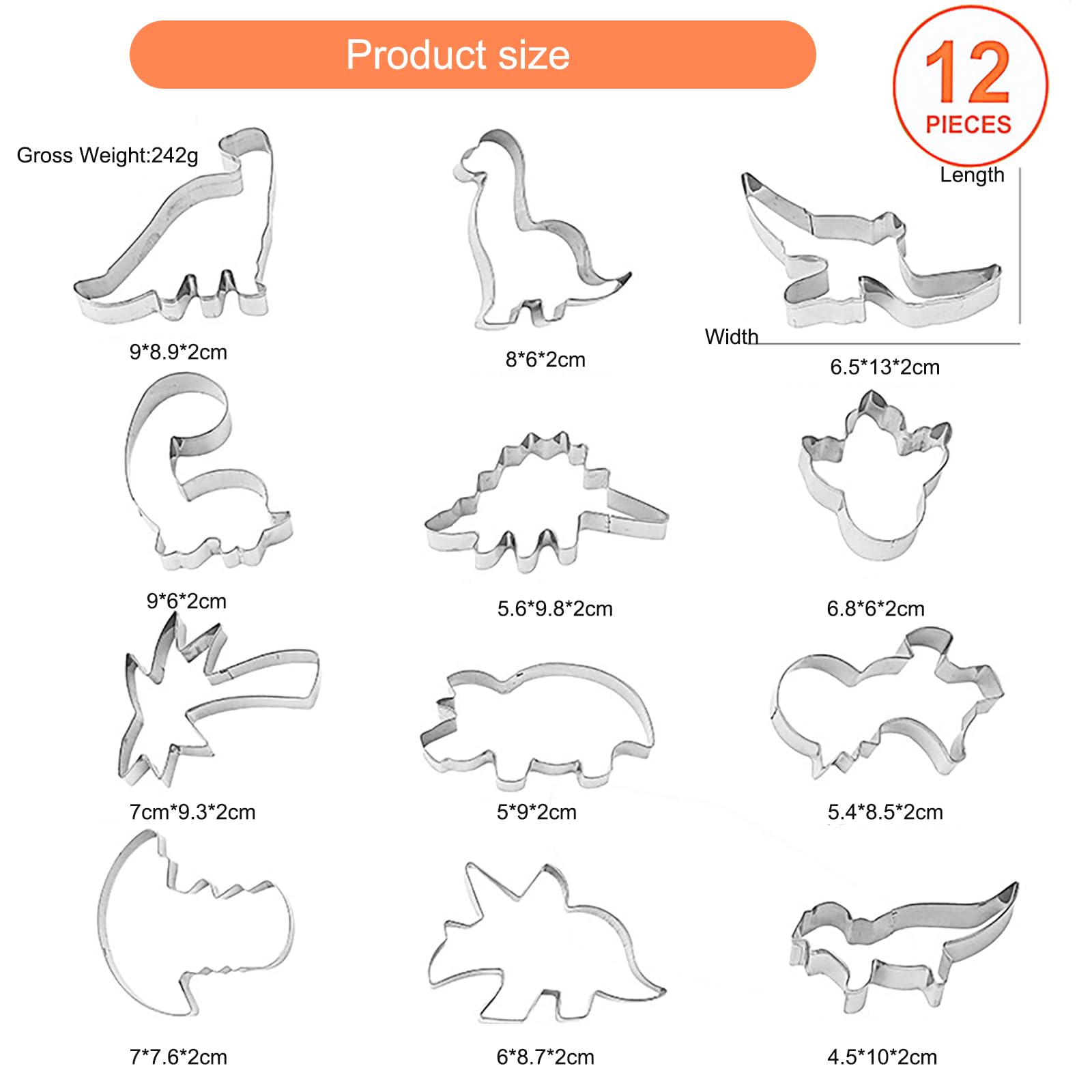 Lot De 12 Emporte-pièces Dinosaures – Acier Inoxydable – Pour Biscuits, Pâte à Modeler