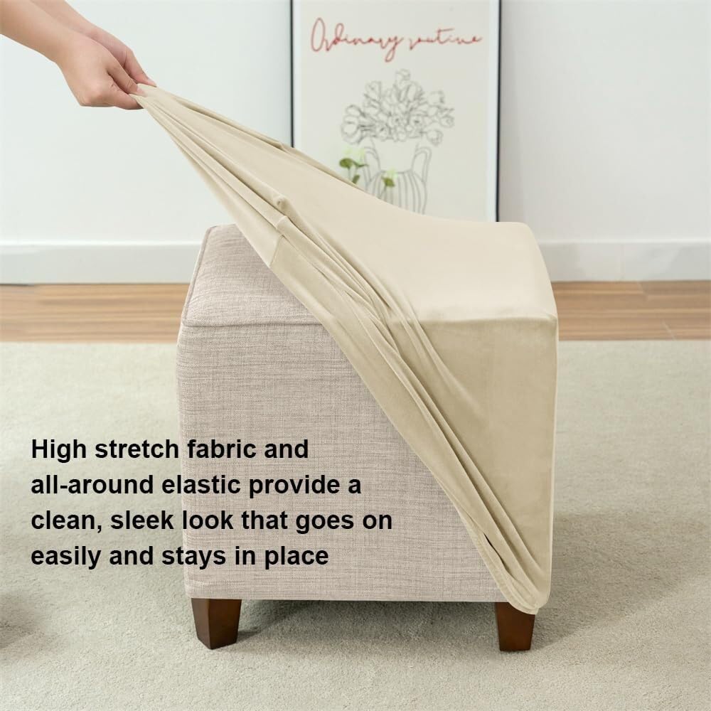 Funda de Terciopelo Cuadrada for otomana, Funda elástica Rectangular for reposapiés, Funda Protectora for Taburete con Base elástica, Fundas for reposapiés extraíbles(Beige,S)
