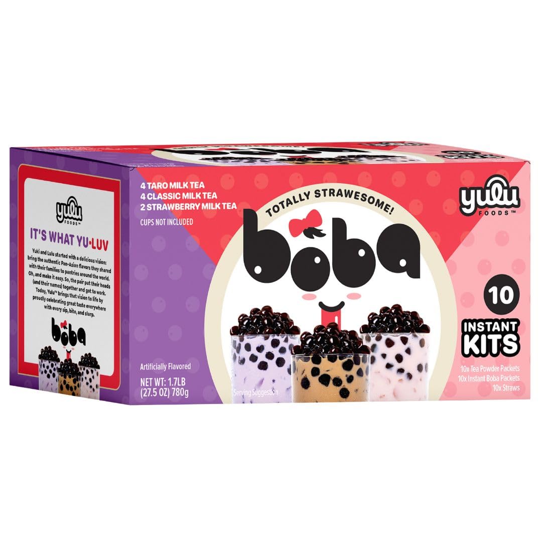 YULU FOODS Boba Bundle Kit 10 Serv. Instant Bubble Pearl Variety Milk Tea Kit with Authentic Brown Sugar Tapioca Pearls by Yulu Foods - Ready in Under 1 Minute, Includes Paper Straws - Gift B