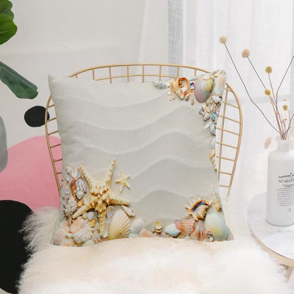 HYOSXW Cushion Cover,Throw Pillow Case Home Decorative for Living Room Bedroom Sofa Chair 16X16 Inch,Beach, shallow sand, shells, starfish,Pillowcase 40X40cm