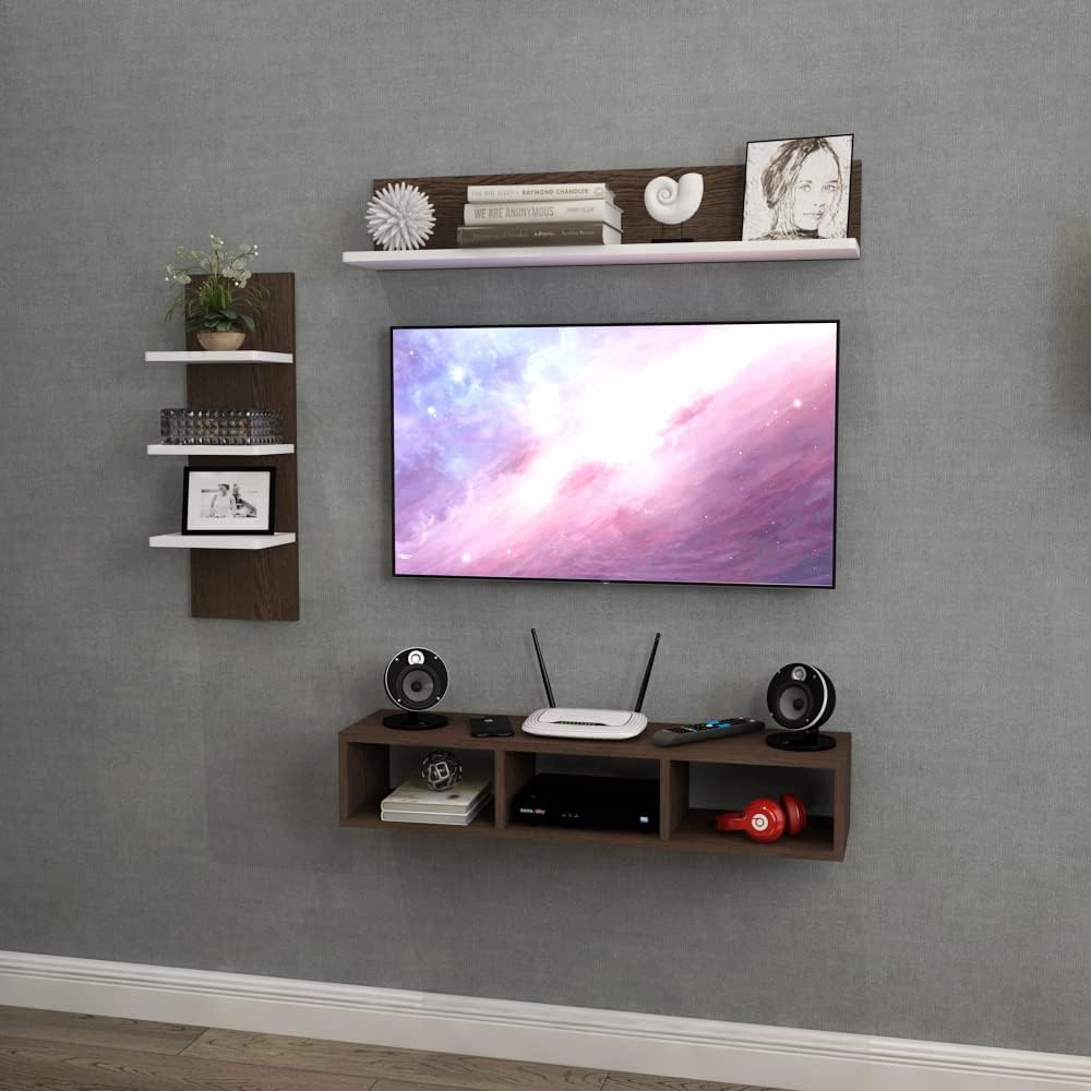 ESTANTERIA Tv Unit Wall Mounted Engineered Wood TV Unit, TV Cabinet for Wall, TV Stand for Wall, TV Stand Unit Wall Shelf for Living Room, Set Top Box Wall Display Rack Stand (Wenge/White)