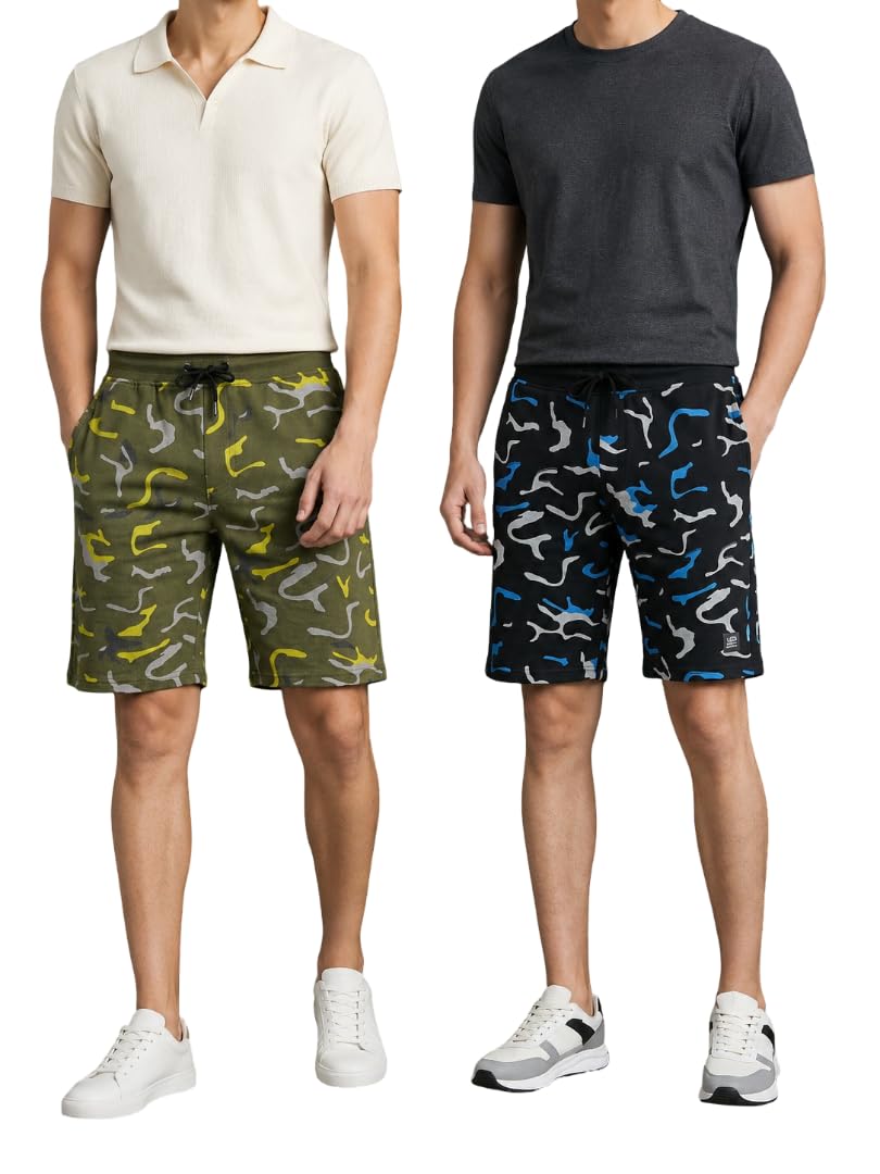 Men's Printed Cotton Blend Shorts Combo Pack of 2 | Loose Fit Casual Lounge & Sleepwear Shorts with Drawstring | Elastic Waist & Side Pockets-image-28