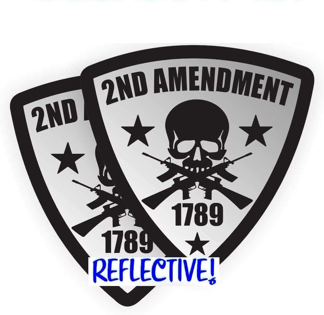 Pair - REFLECTIVE 2nd Amendment Hard Hat Stickers | Motorcycle Shield Helmet Decals | Badges Labels | Toolbox Diesel Mechanic Freedom Patriotic USA American Old Glory