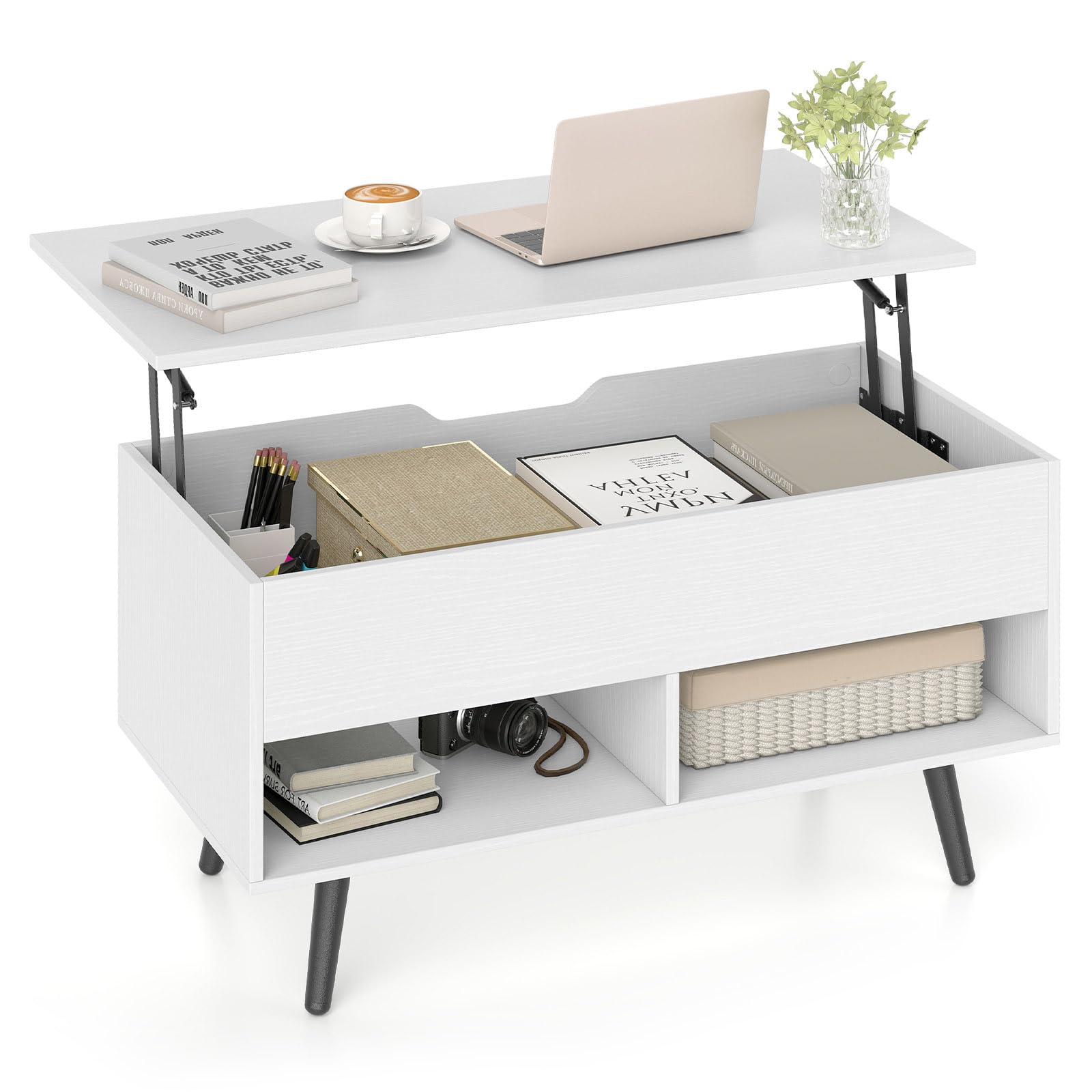 COSTWAY Lift Up Top Coffee Table, Wooden Lifting Cocktail Center Table with Hidden Storage Compartment and Open Shelves, Rectangle Accent Sofa Side Tea Tables for Living Room Office (White)