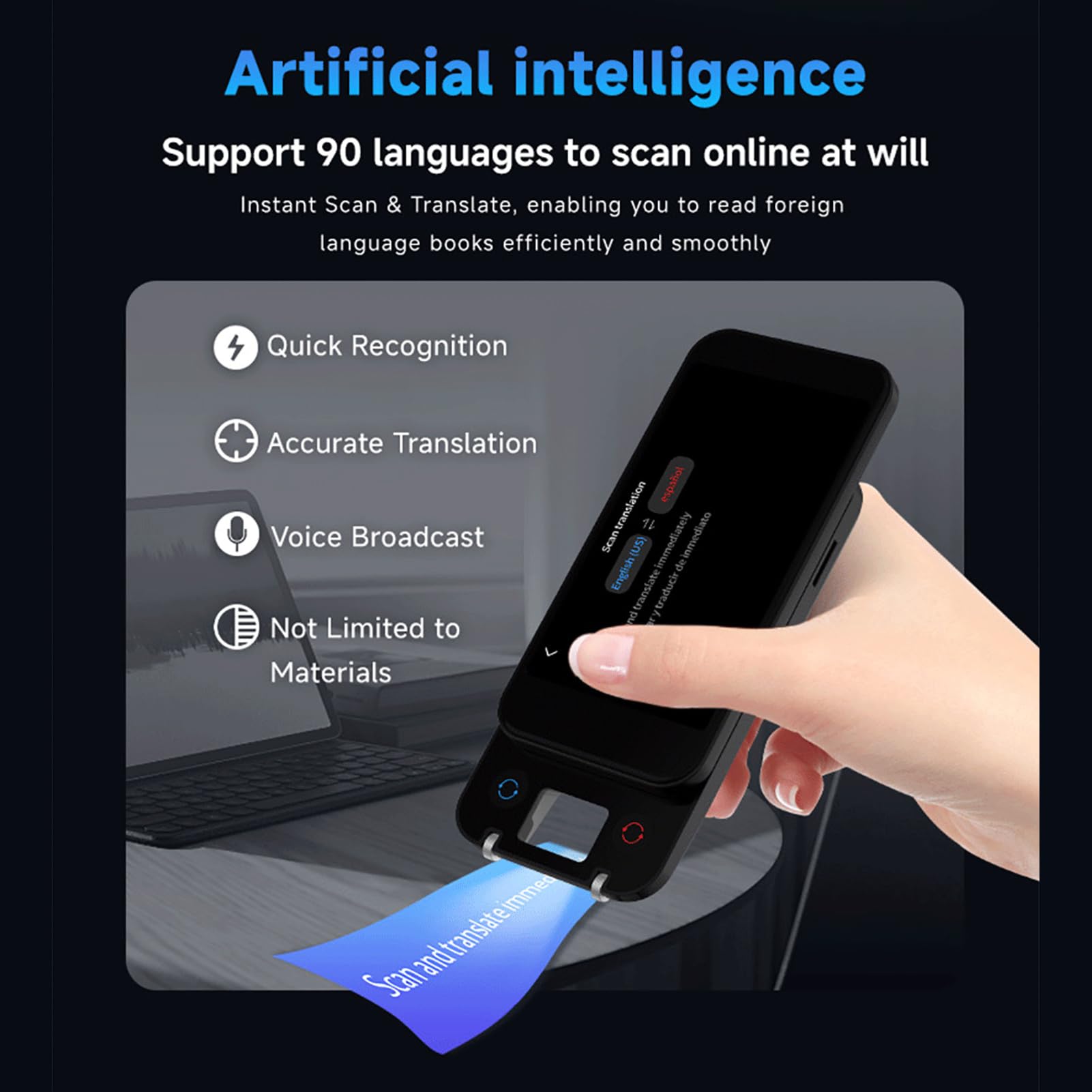ASHATA Boligrafo Traductor de Voz Inteligente, Escaner Lector de Sonido Portatil con 148 Idiomas, for Viajes, Estudio y Aprendizaje de Idiomas | Traducción online y offline, escaneo de texto, IA, pantalla táctil y recargable