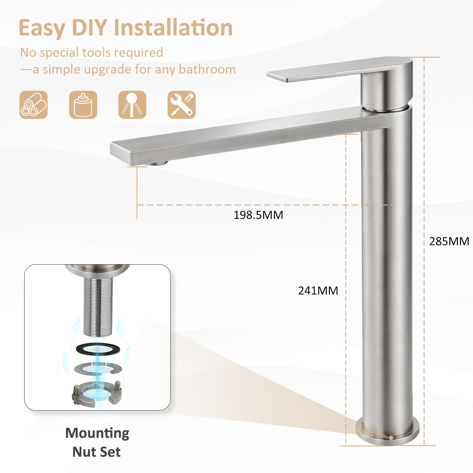 Robinet Lavabo Salle de Bain Haut, Mitigeur Lavabo Vasque à Poser