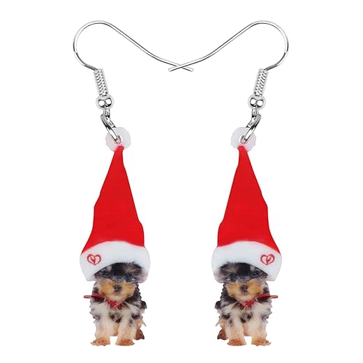 NEWEI Cute Christmas Dog Earrings Dangle Jewelry for Girls Women Gifts Charms (Red Christmas Yorkshire Dog)