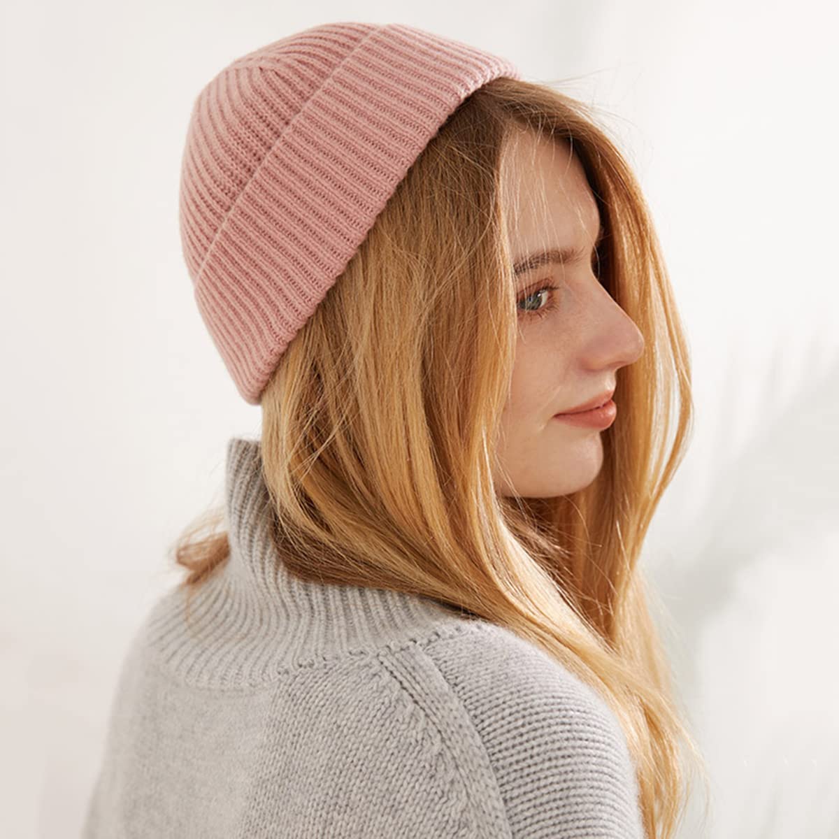 YUONNY Zimowa czapka typu beanie dla mężczyzn i kobiet, 100% kaszmirowa ciepła dzianinowa czapka hipsterska, elegancka czapka unisex z czaszką, kaszmirowa, dzianinowa, zwijana krawędź, czapka rybacka, jesień, zima, czapka z mankietami na prezenty, różowa