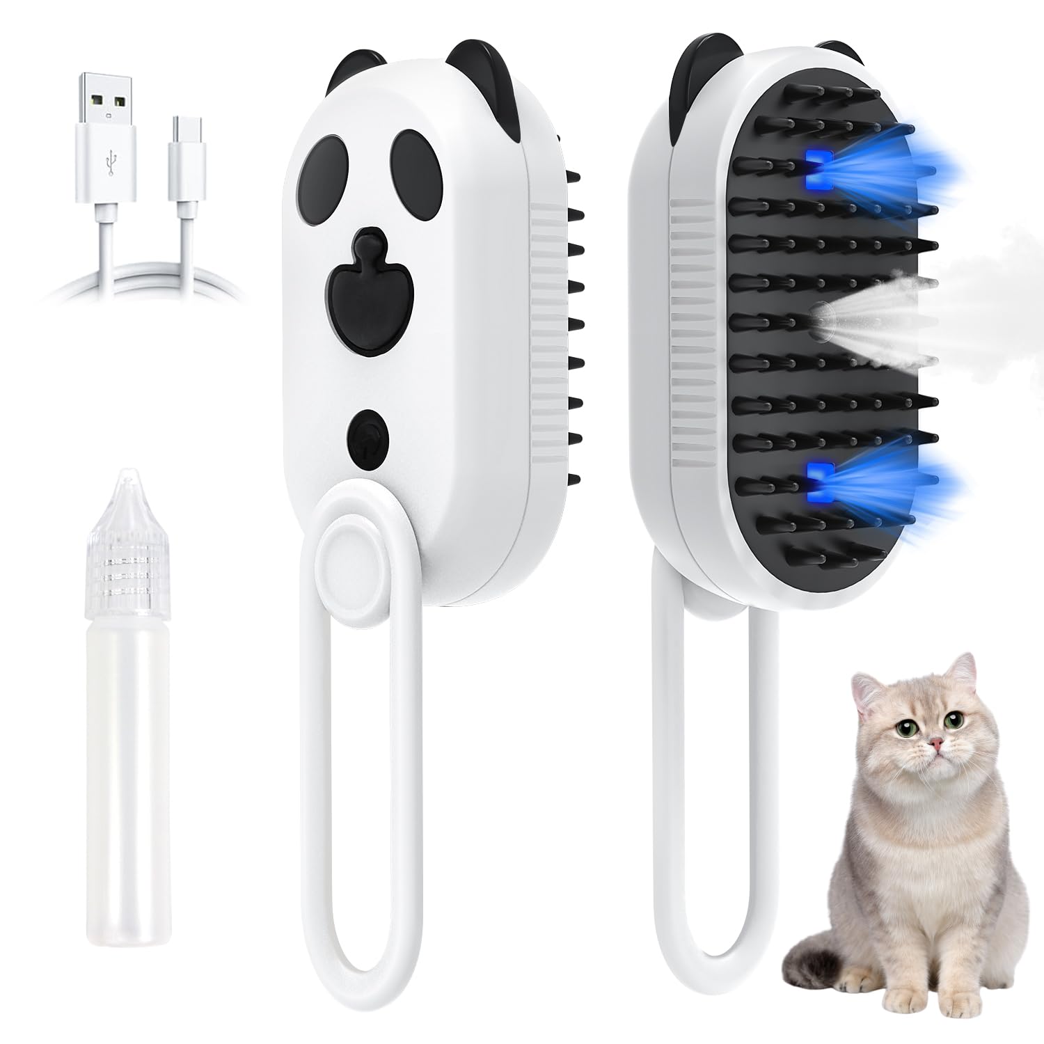 BeelikeCat Steam Brush for Shedding, 4 in 1 Steamy Cat Brush with Cleanser, Dog Massage Grooming Comb, Pet Hair Cleaning Misting Comb (Panda)