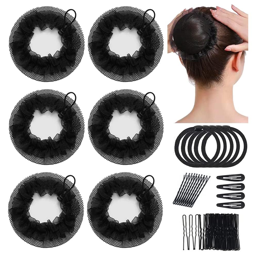 6pcs Black Elastic Mesh Bun Cover with Adjustable Drawstring and U Shaped Hair Pins for All Hair Types