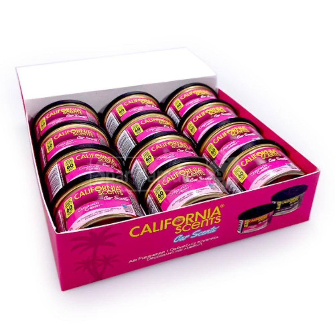 AutoFullCar – California Scents Ambientador de Coche Aroma Cereza “Coronado Cherry” – Fragancia Duradera (hasta 30 Días) – Intensidad Regulable – Lata 42 g – Aroma Dulce y Premium (12 UNIDADES)
