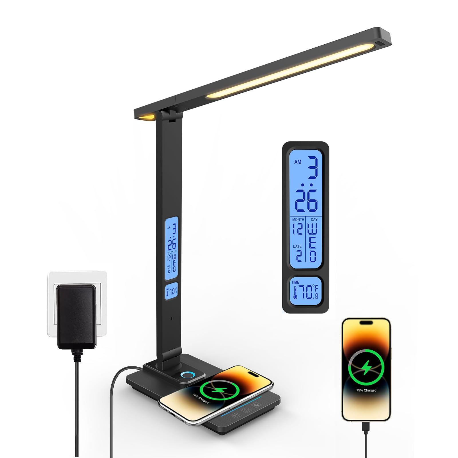 Infiway Desk Lamp with USB Charging Port: LED Desk Lamps for Home Office - 1 USB-A, 1 Type-C Charging Port, 2 AC Power Outlets, Touch Control Dimmable 5 Color 5 Brightness, Night Light(Black)