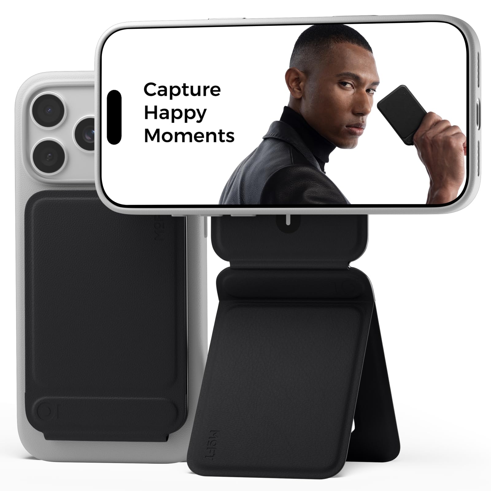 Phone Tripod Stand Selfie Stick for iPhone, Multi-Angles iPhone Stand, Lightweight & Portable Phone Holder, Strong Magnets, MOVAS Vegan Leather, Travel Essentials, Jet Black (Without Card Slot)