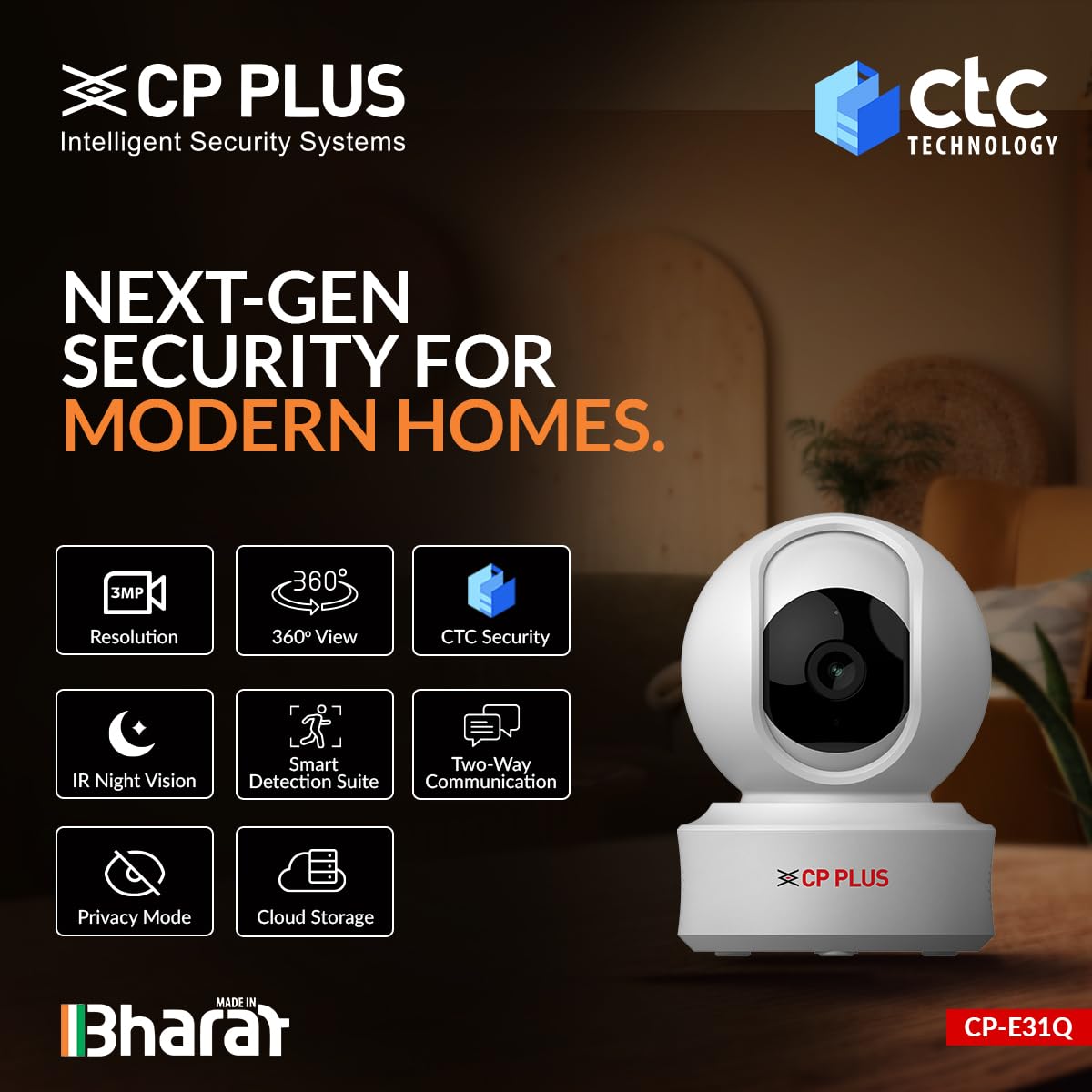 CP PLUS 3MP Resolution Smart Wi-fi CCTV Home Security Camera | 360° View | Motion Tracking | 2-Way Talk | Cloud & SD Card Support | CTC Cyber Secure Tech | 15M Night Vision | CP-E31Q — Amazon image 2