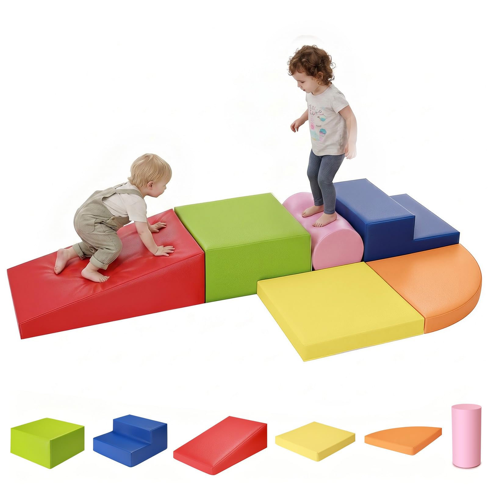 JungleDove Baby Soft Play Set Indoor: 6 PCS PU Leather Kids Foam Blocks Toys for Climbing and Crawling - Soft Play Equipment for Toddlers Motor Development with Cylinder Set