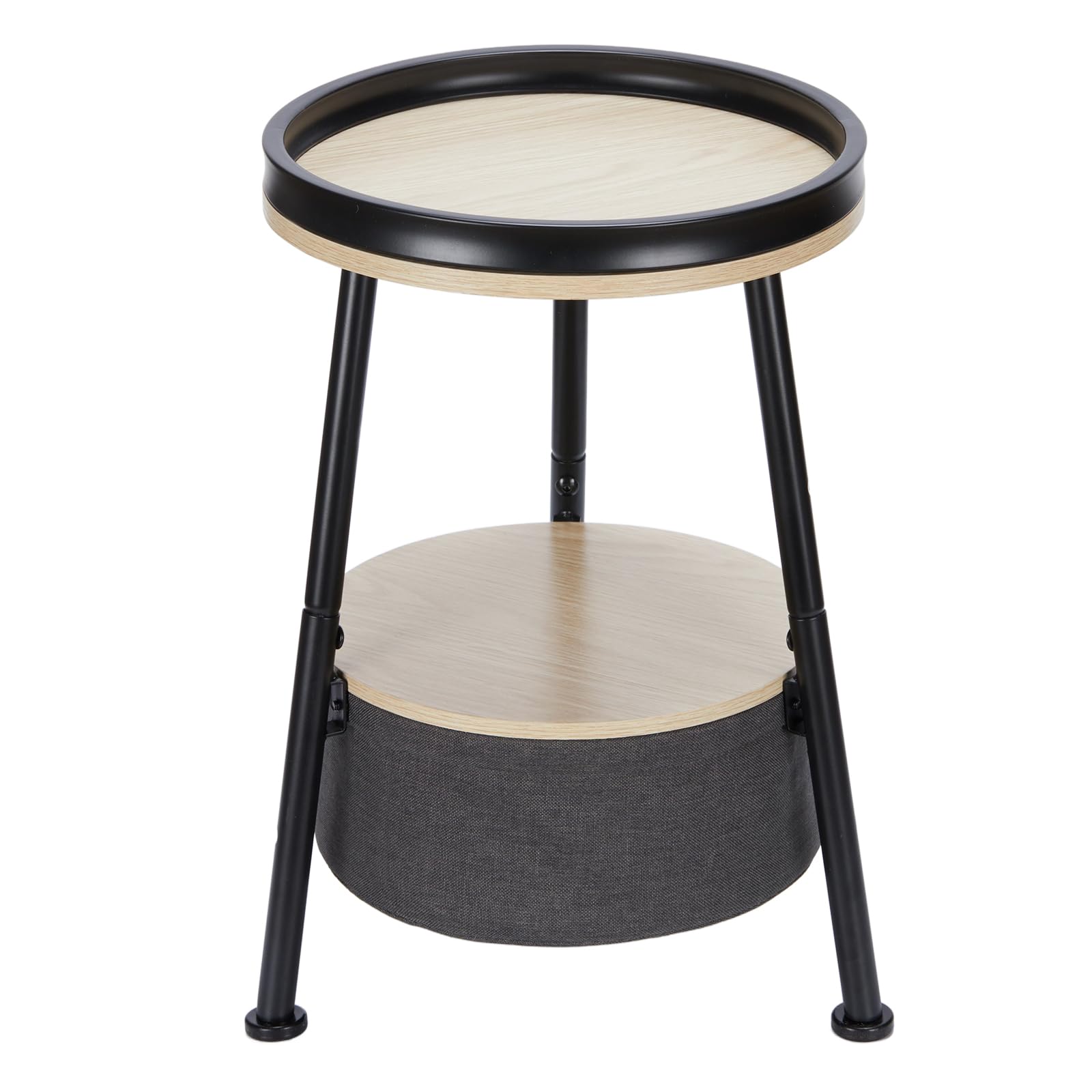 Mesa auxiliar redonda pequeña, mesa auxiliar redonda de 2 niveles con cesta de almacenamiento, mesa redonda pequeña de 11.8 pulgadas de profundidad x 17.8 pulgadas de alto, mesa auxiliar de 8