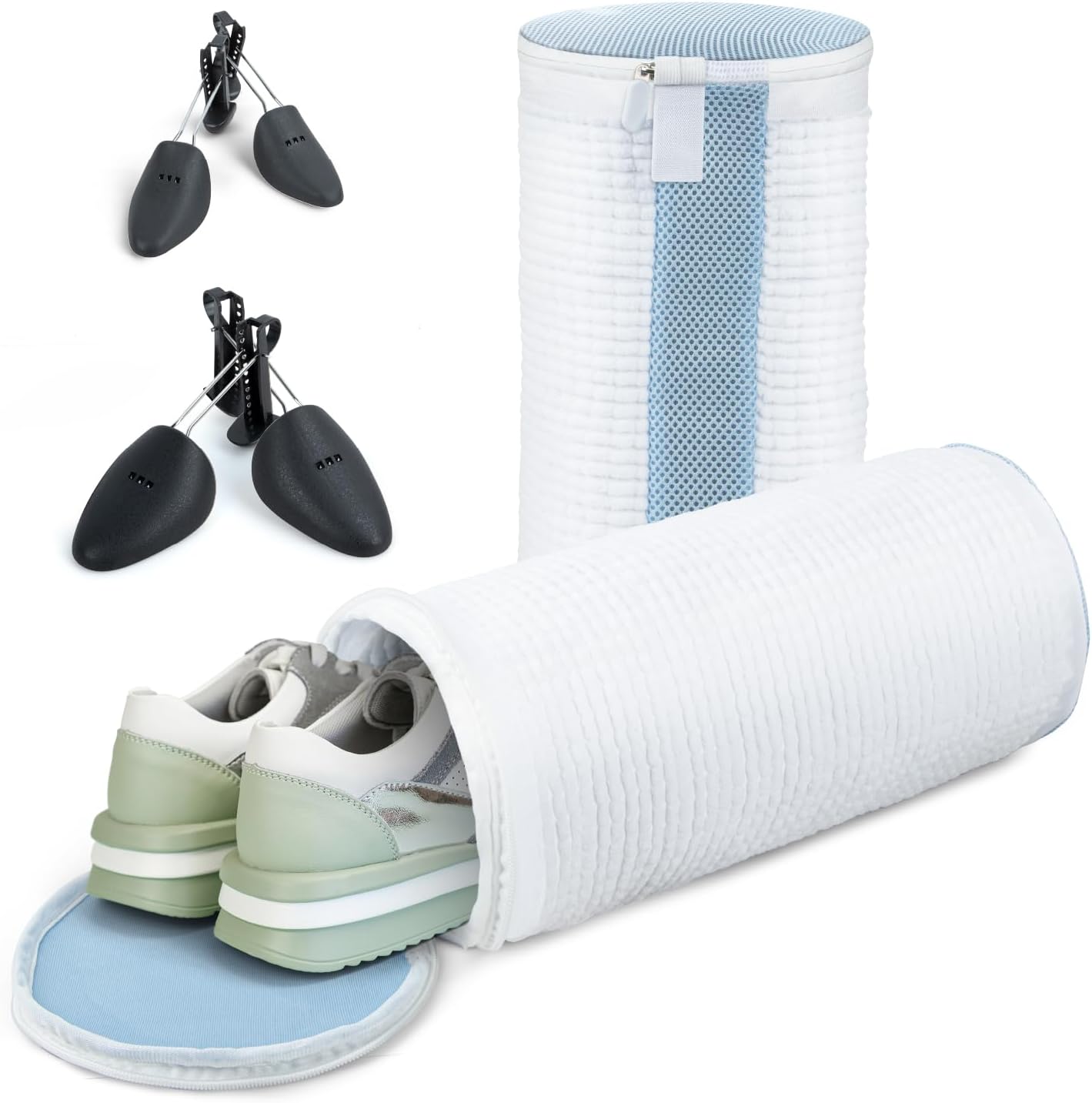 Weenkler 2 bolsas de lavado de zapatos para lavadora con horma ajustable para hombres y mujeres, para zapatillas de lavandería, con pelusa de limpieza a 360° y tejido altamente permeable