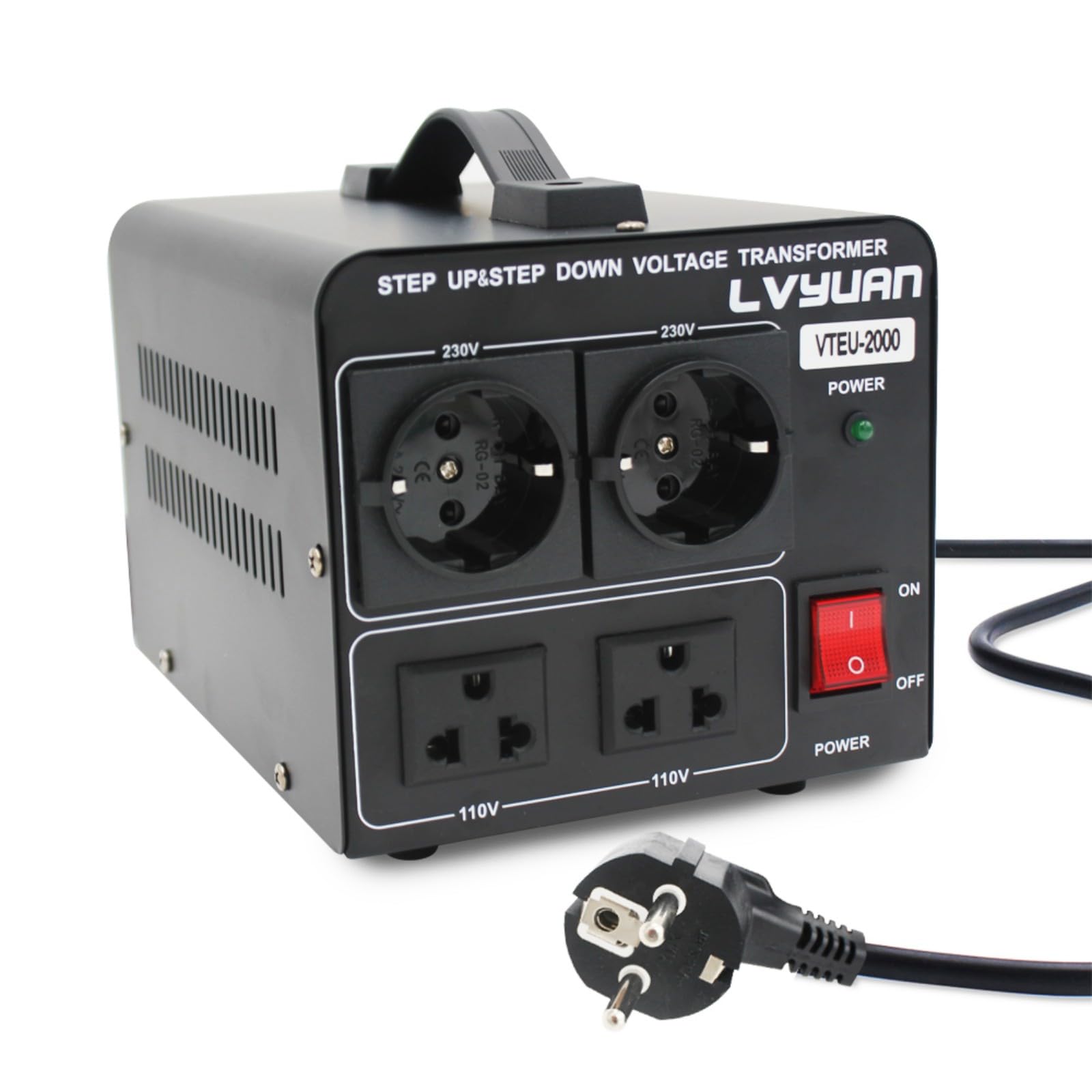 Cantonape 2000W Transformador de conversor de voltaje, Step Up/Down Converter 220/240 voltios - 110/120 voltios 110V -Transformador Elevador/cable de alimentación de la EU