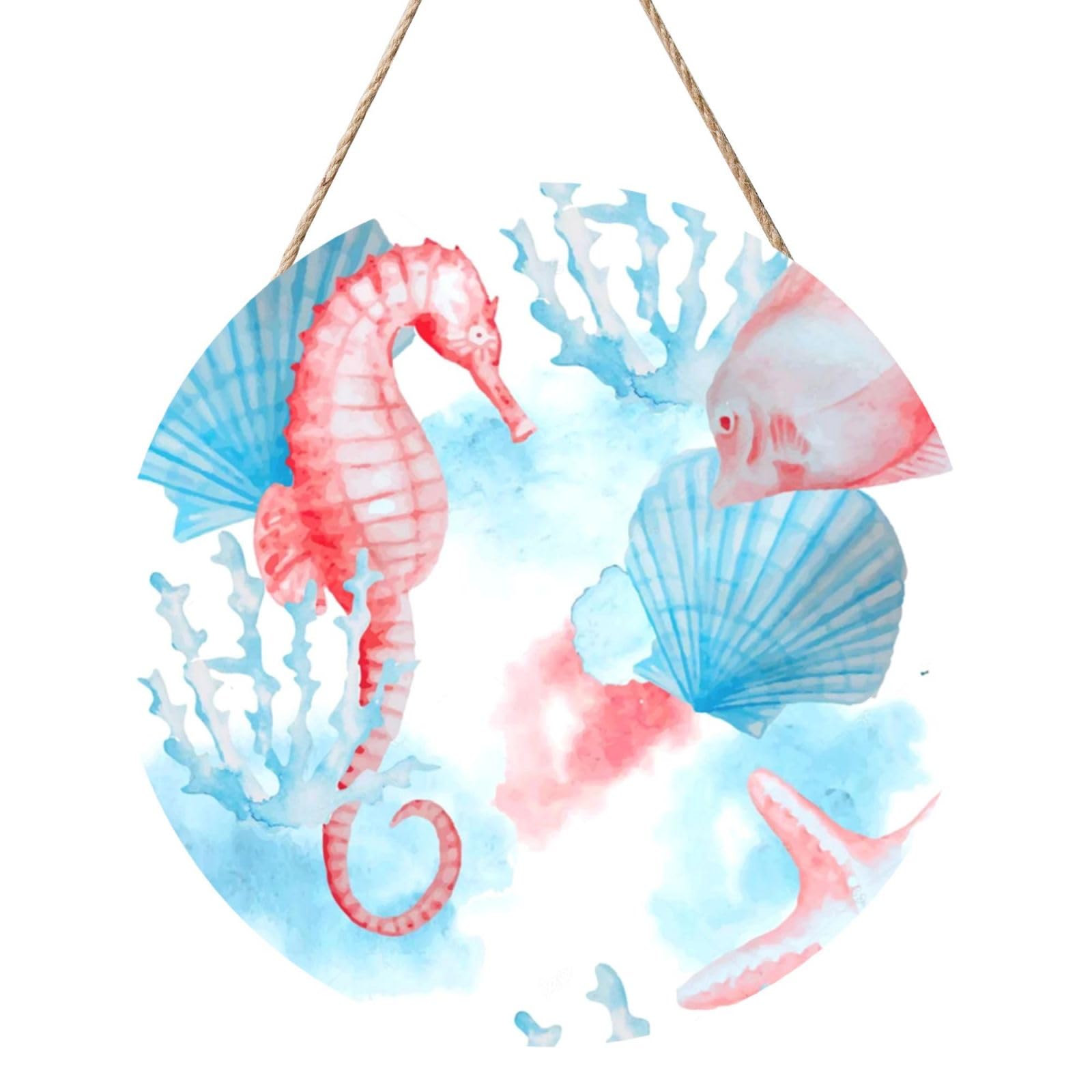 InOmak Watercolor Shells Sea Horse Fish, Round Wood Panel Painting 12 in, Wall Hanging Painting For Home
