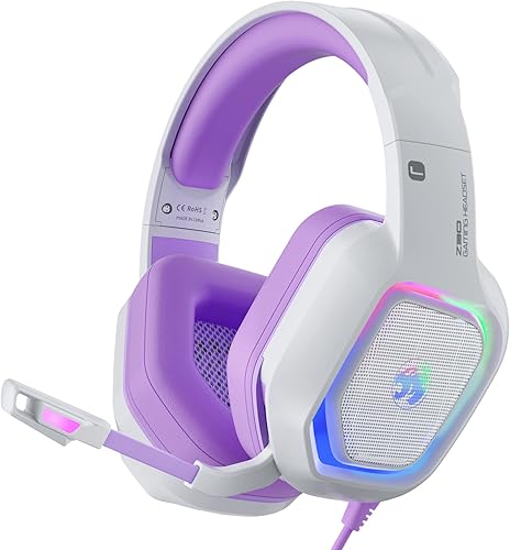 ZIUMIER Z30 - Auriculares para juegos morados para PS4, PS5, Xbox One, PC, auriculares con cable con micrófono de cancelación de ruido, luz LED RGB,