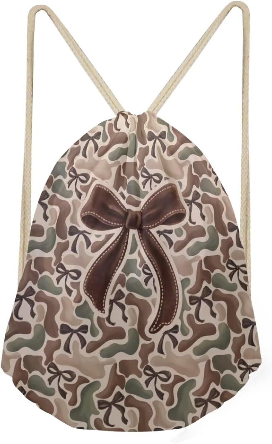 COEQINE Brown Camo Bow Drawstring Backpack For Women Travel,13x16In image 2