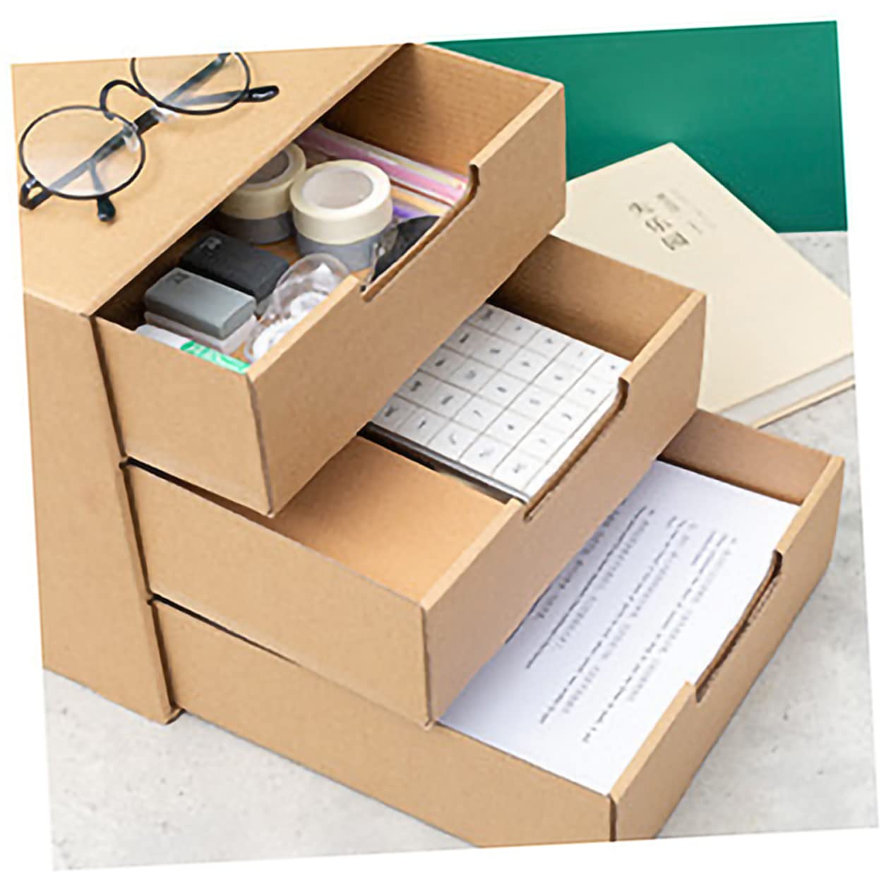 Angoily Organizer da Scrivania in Carta Cassetti Scorrevoli Multipli Beige, Porta Documenti e Cancelleria per Ufficio e Scuola, per Scrivania Desktop
