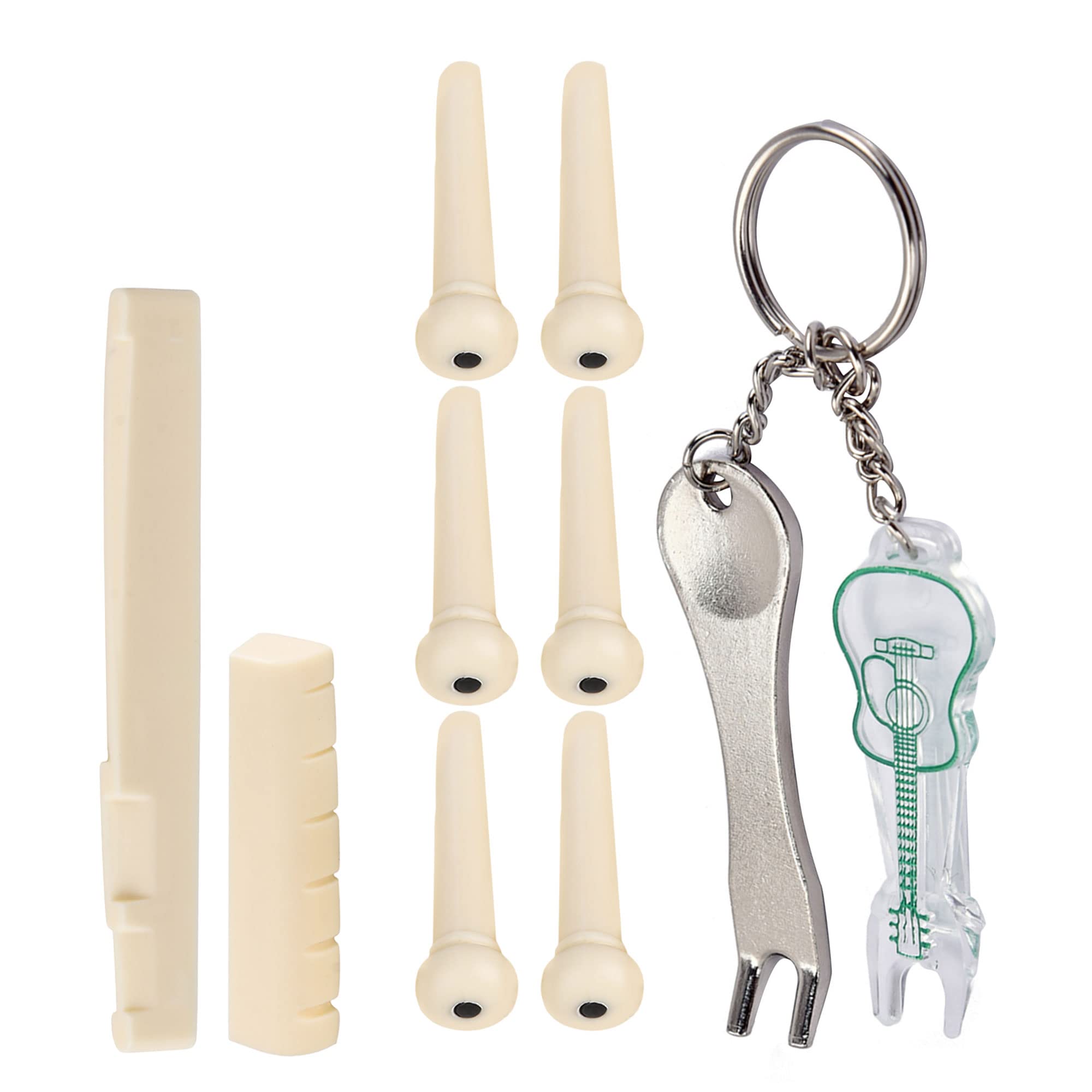 Yibuy 6x Acoustic Guitar Bridge String Pins Pegs & Saddle & Nut & 2x Green And Sliver Puller