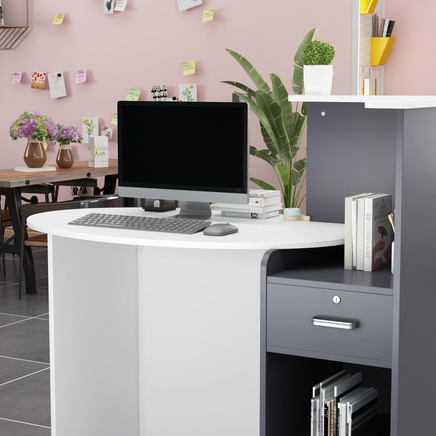 Mesa de Oficina, Mueble Recepción, Mostradores de Recepción Grandes, Mostrador Basic, Mostradores para Tiendas, Recepción Mueble, Blanco y Negro, MDF, 40 x 121 x 110 CM