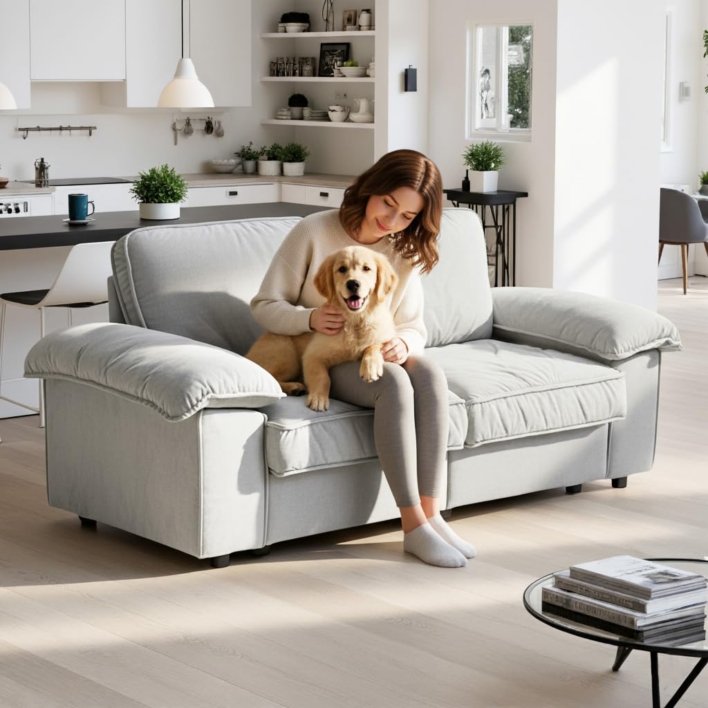 Ball & Cast 2 Sitzer Sofa mit Schlaffunktion - Couch mit Stauraum unter dem Sitz, 201x89x91 cm (BxHxT), Komfortabel für Moderne Wohnzimmer, Cremeweiß